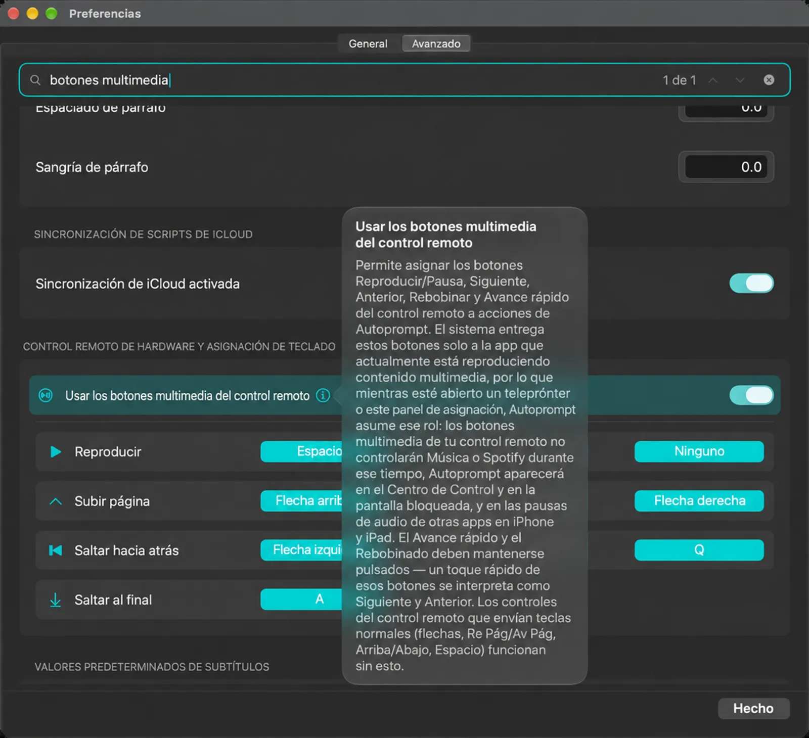 Utiliza los botones de medios del control remoto de hardware con el texto de información abierto