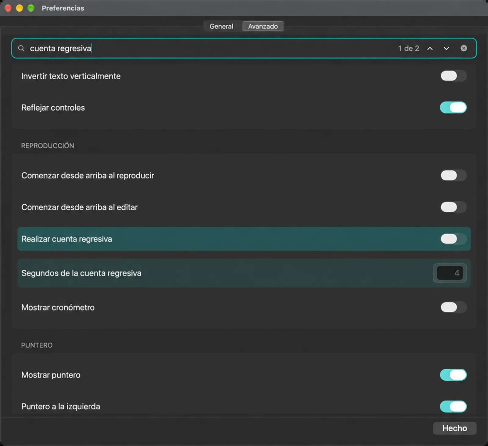 Configuración avanzada buscada para el temporizador de cuenta atrás, con las tarjetas Reproducción y Puntero visibles