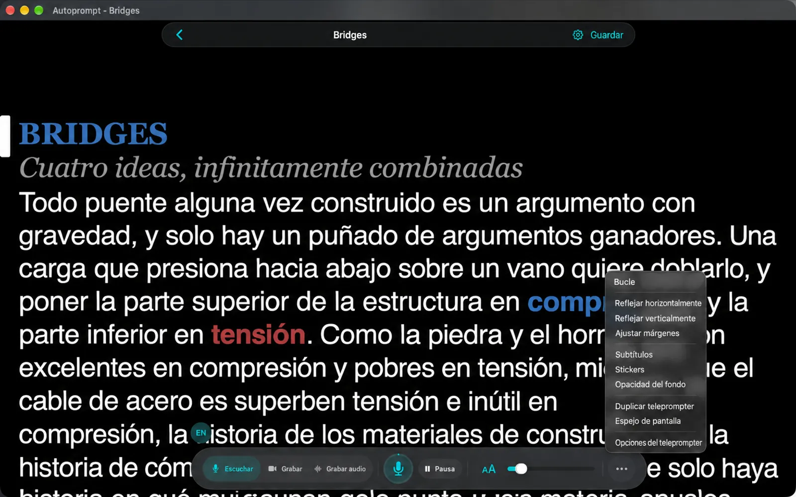 Más elementos del menú: Bucle, Espejo horizontal, Espejo vertical, Ajustar márgenes, Captítulos, Pegatinas, Opacidad de fondo, Promotor duplicado, Opciones de Espejo de pantalla y Telepromotor