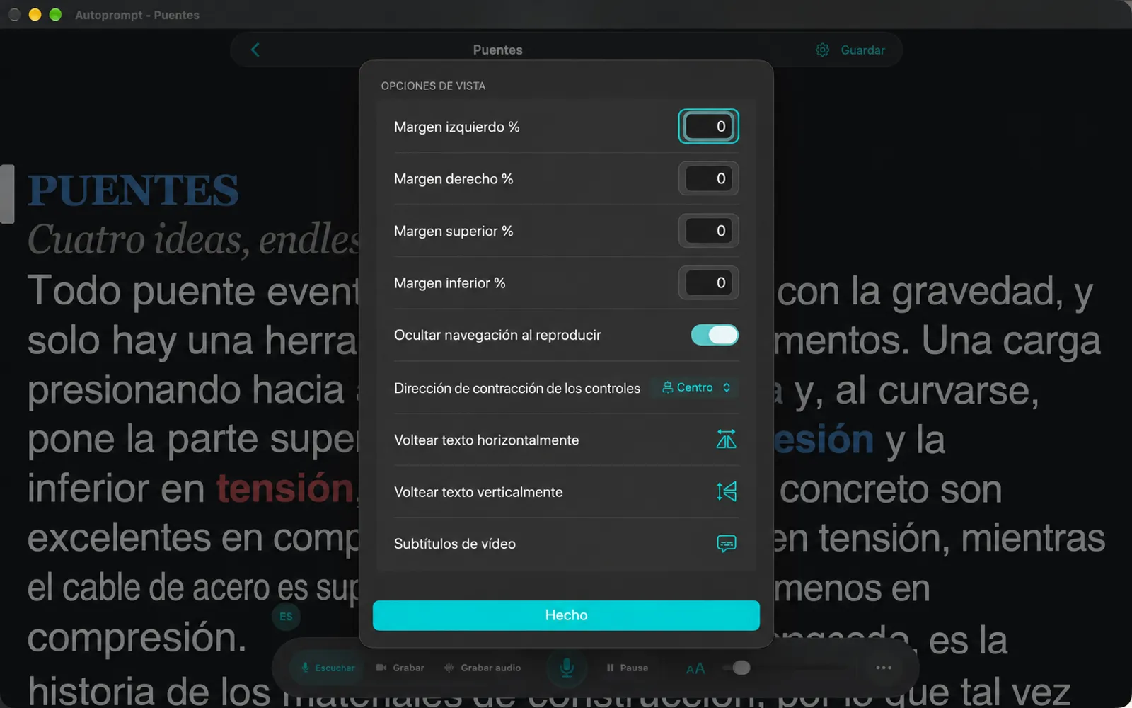 Hoja de opciones de visualización con porcentajes de márgenes, Ocultar la navegación en reproducción, Dirección de los controles de desplazar, Dar la vuelta al texto y Capturas de pantalla de vídeo