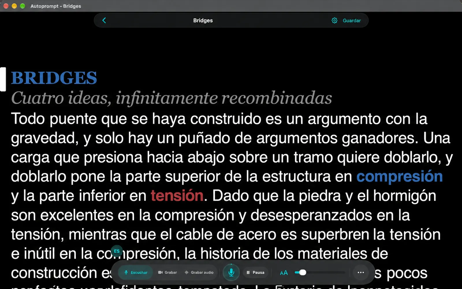 El teleprometor que muestra el guion de Bridges con la barra de navegación en la parte superior y la barra de herramientas en la parte inferior