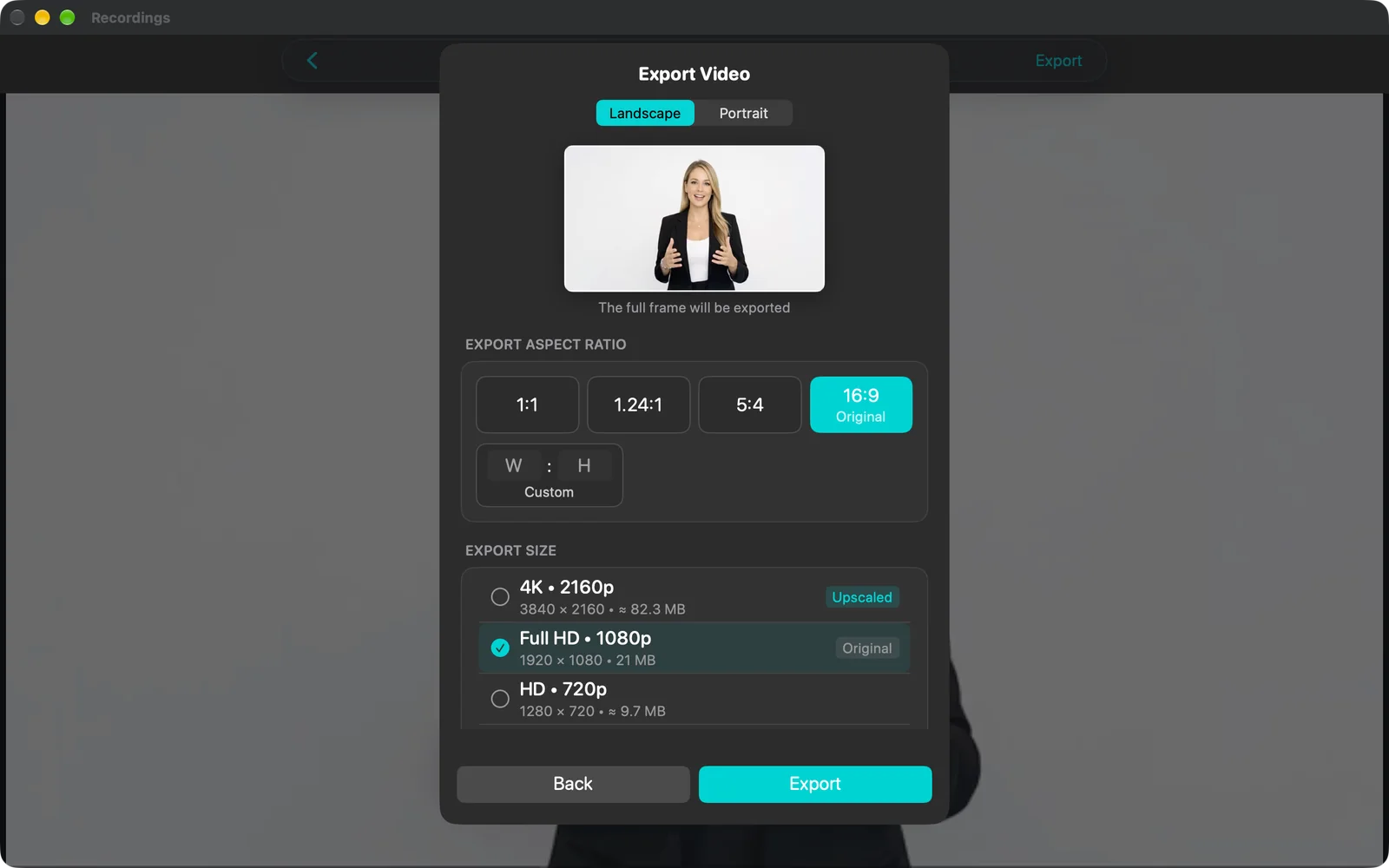 Custom export page with Landscape/Portrait, aspect ratio choices and export sizes from 4K to 720p