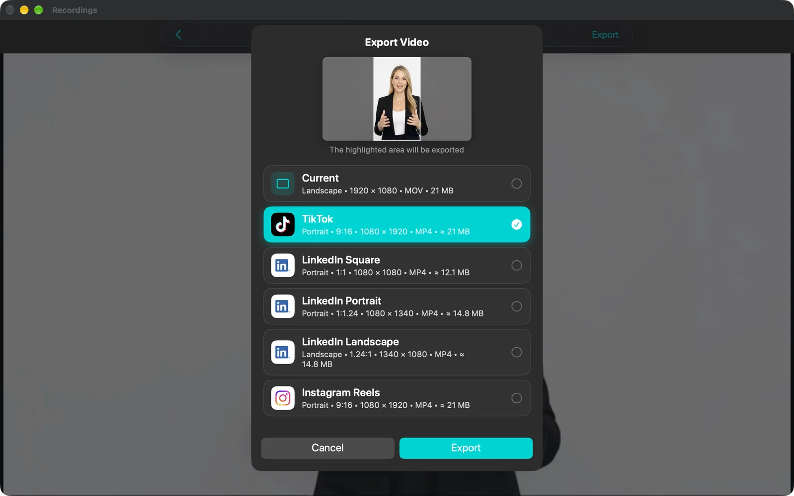 Export Video sheet with Current and social media presets; TikTok is selected and the preview shows the vertical crop