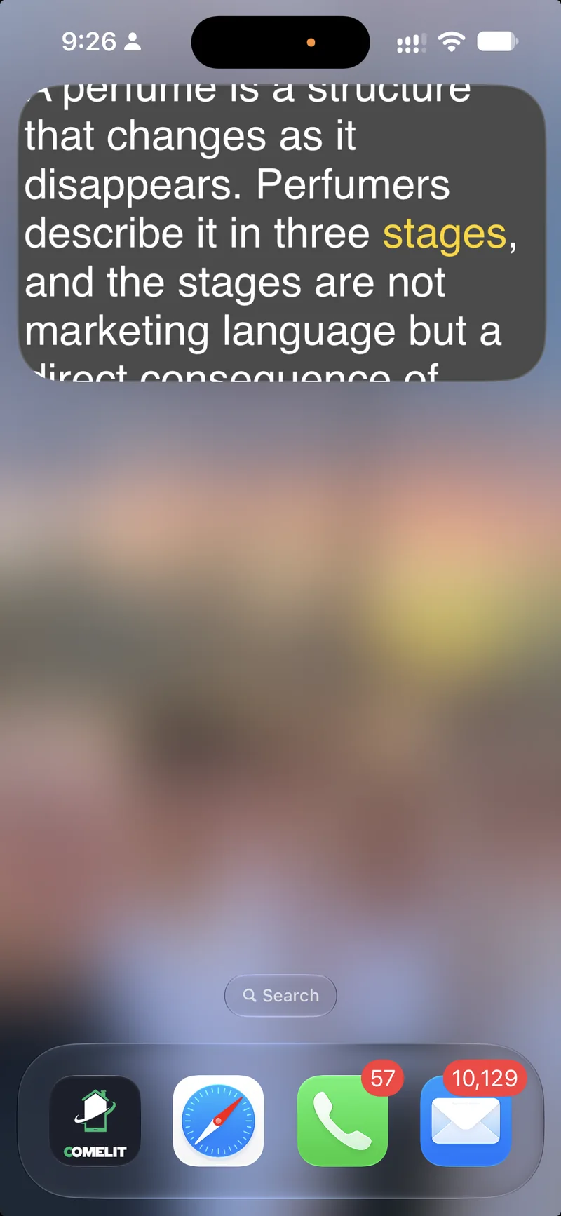 An iPhone Home Screen with the Autoprompt script floating in a small Picture-in-Picture window at the top, the next word highlighted in yellow