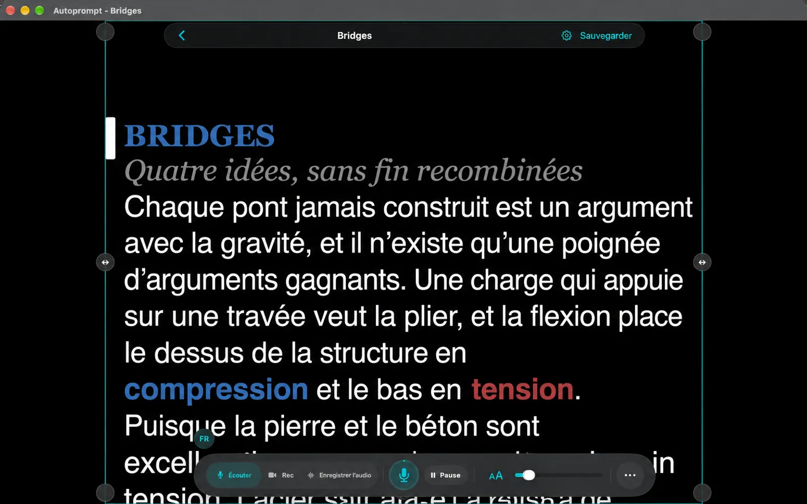 Téléprompteur avec des guides de marge tirés de gauche et de droite afin que la colonne de texte soit plus étroite
