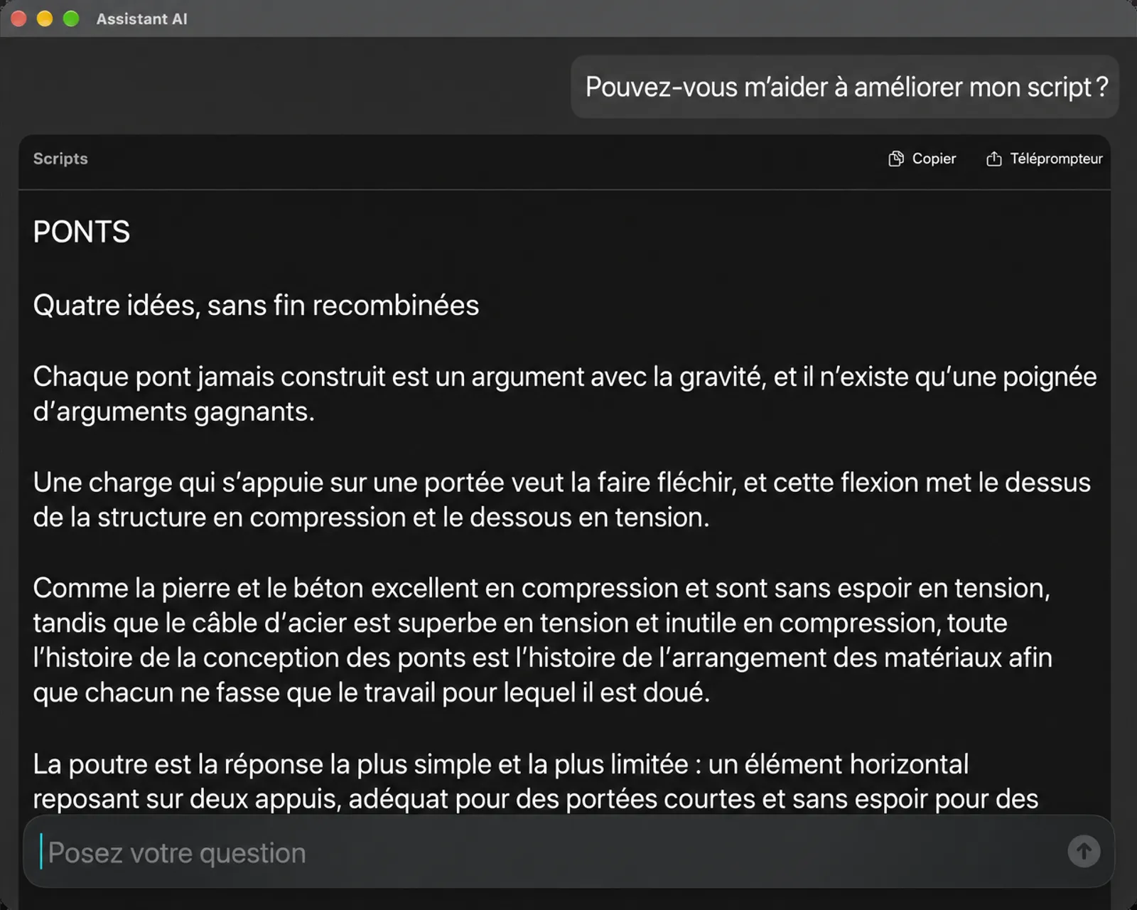 Fenêtre de l'assistant IA affichant une version améliorée du script avec des boutons Copier et Téléprompt et un champ Demander n'importe quoi