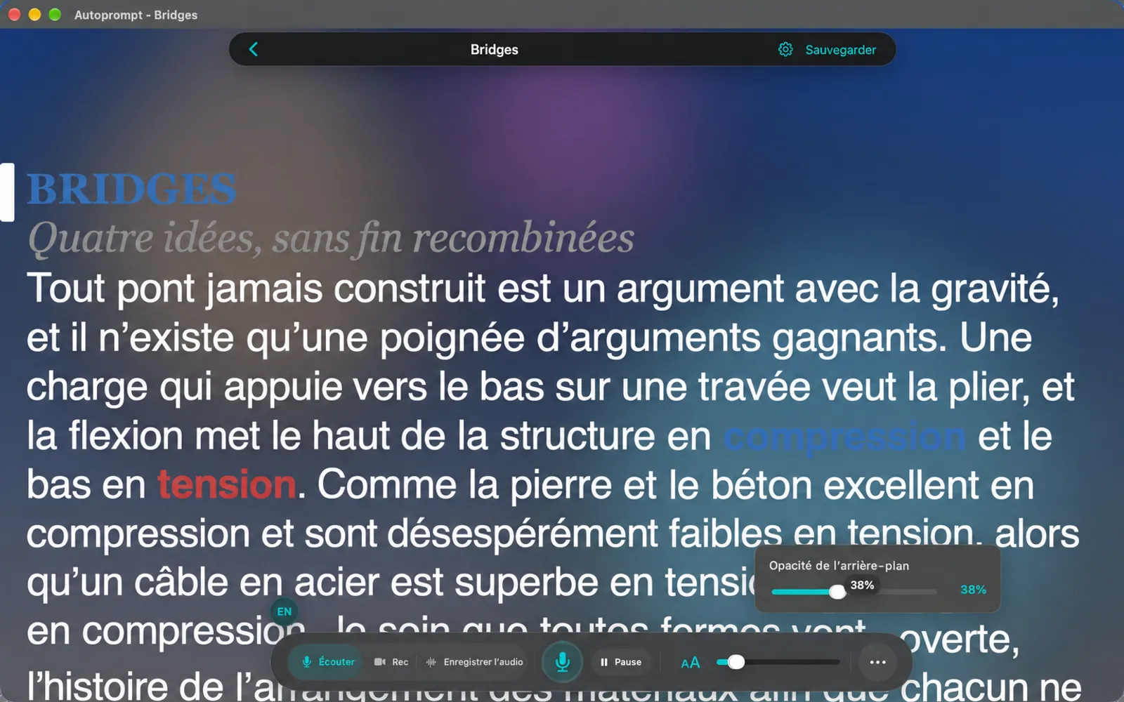 Fenêtre de téléobjectif avec son arrière-plan noir partiellement transparent afin que l'écran de bureau soit visible derrière le texte