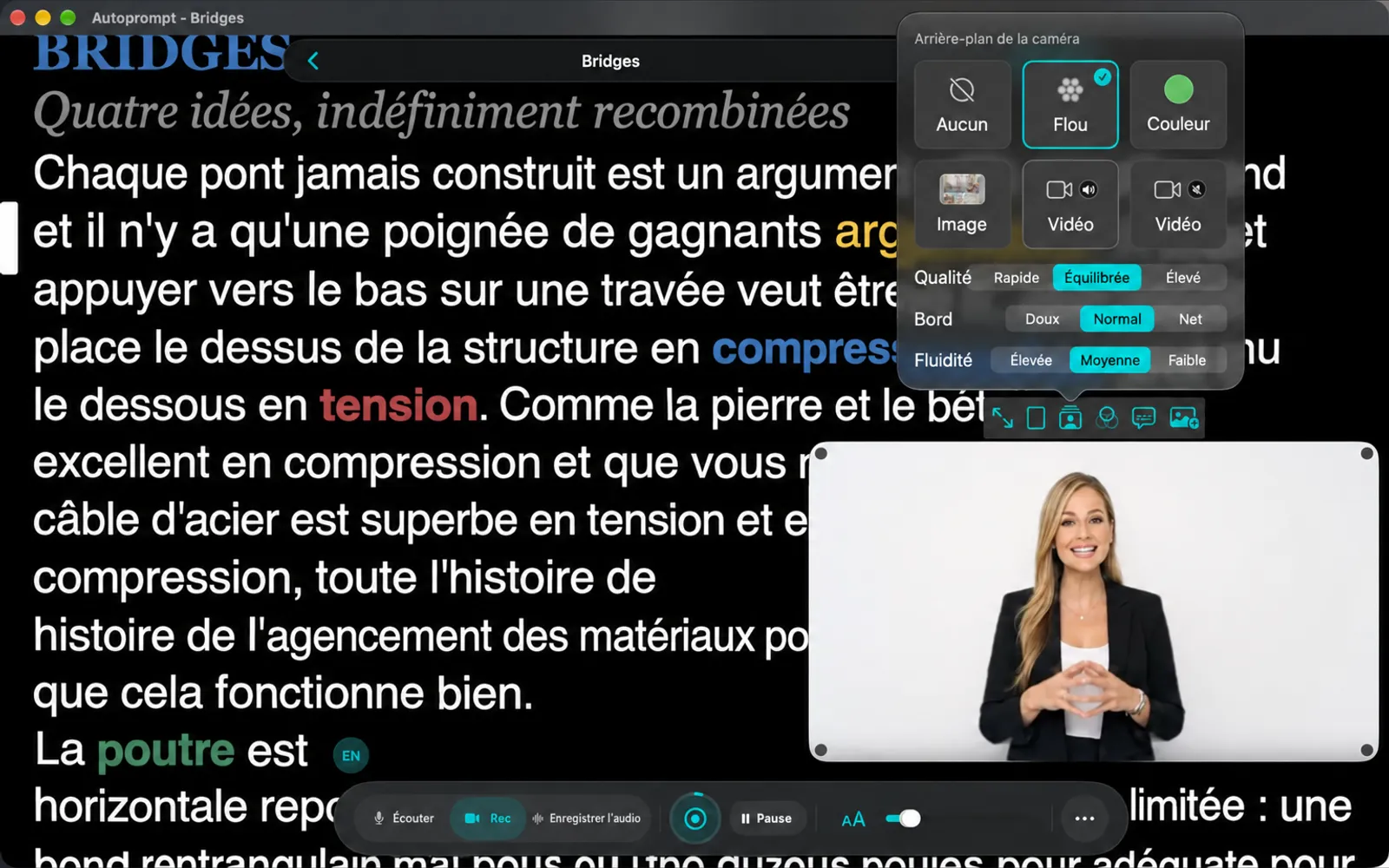Sélectionneur d'arrière-plan d'appareil photo avec Aucun, Flou, Couleur, Image et deux carrés vidéo, plus les options Qualité, Bord et Nettoyé