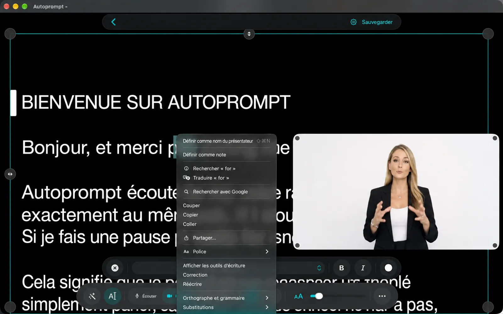 Menu droit dans l’éditeur avec Ajouter le nom de l’orateur, Ajouter une note, Couper, Copier et Coller