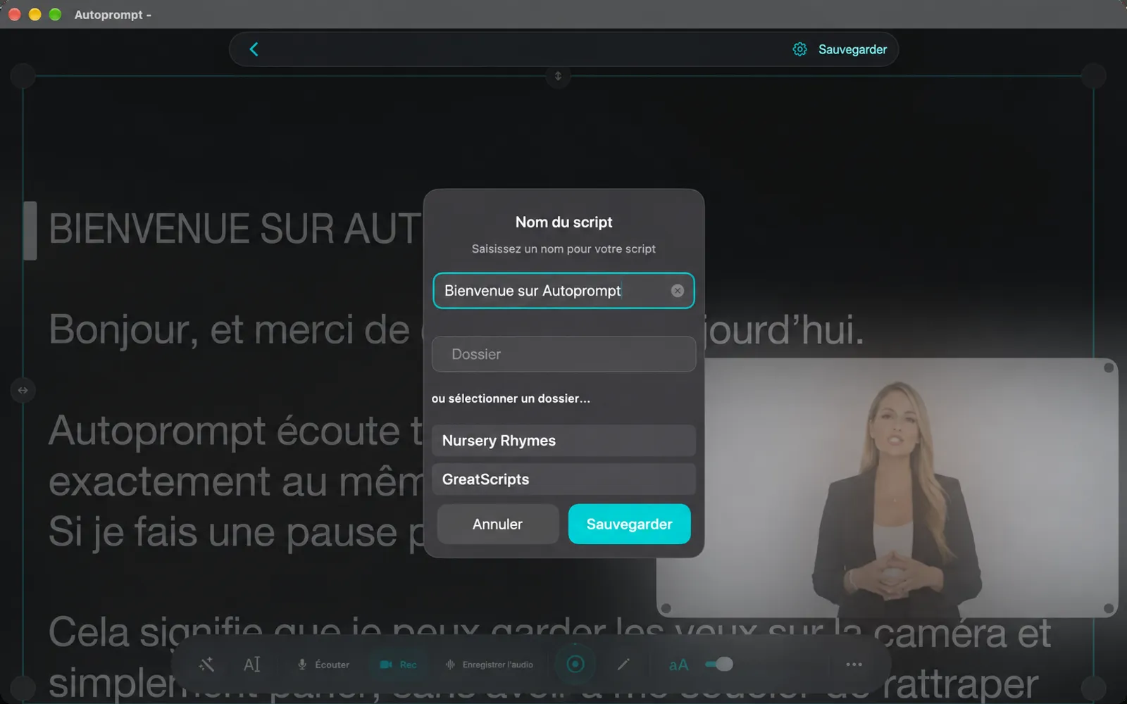 Dialogue de nom de script demandant un nom et un dossier optionnel