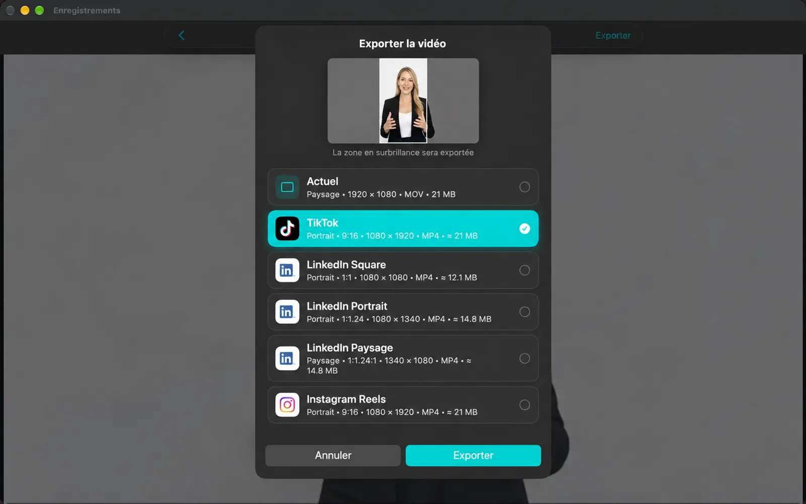 Exporter la feuille vidéo avec les préréglages actuels et des réseaux sociaux; TikTok est sélectionné et la prévisualisation affiche le découpage vertical