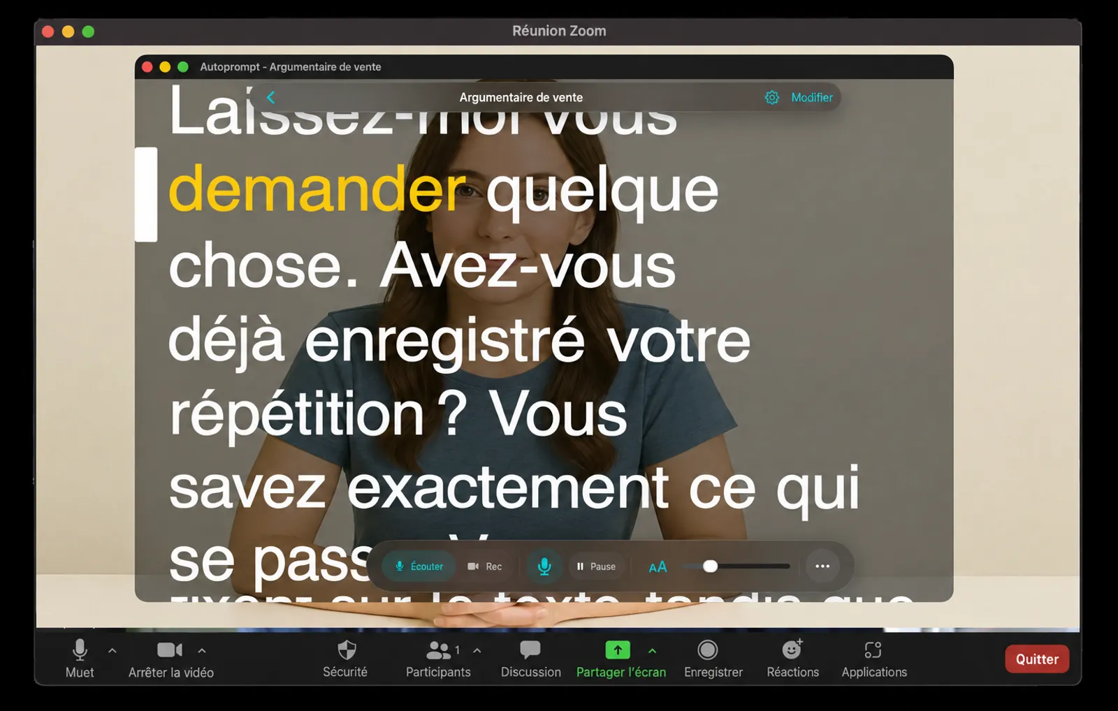Autoprompt flottant transparentement au-dessus d'une fenêtre de vidéoconférence