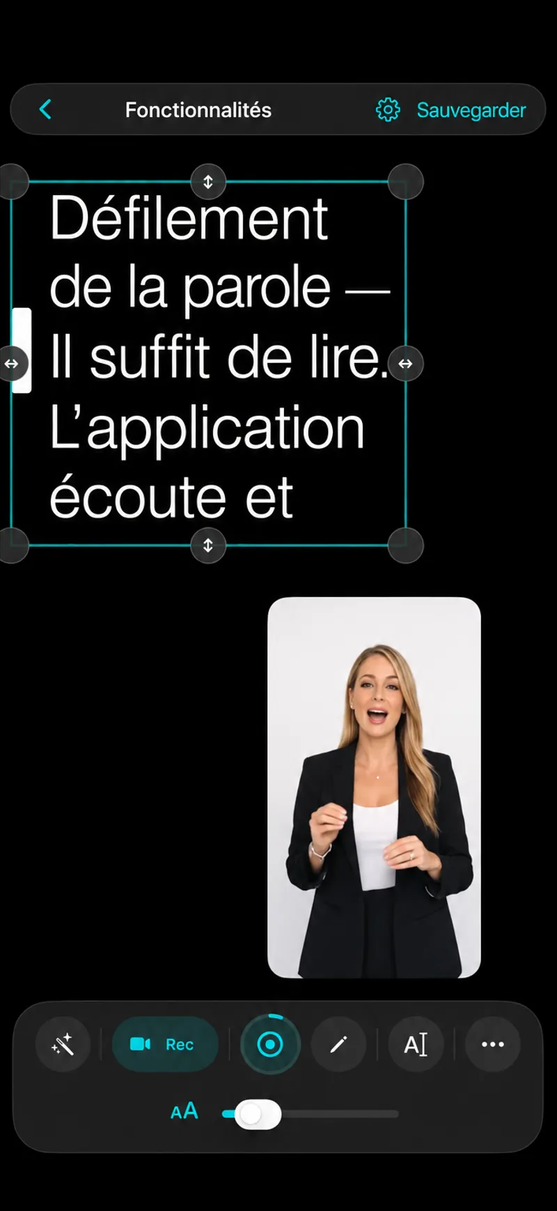 Autoprompt sur iPhone avec la vue caméra en direct sous le script et une barre d’outils à deux rangées