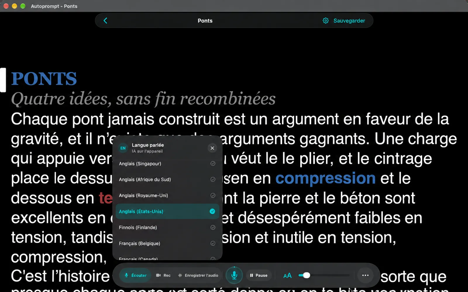 Liste des langues sur la carte Langue parlée avec l'anglais (États-Unis) sélectionné et marqué par l'IA sur l'appareil
