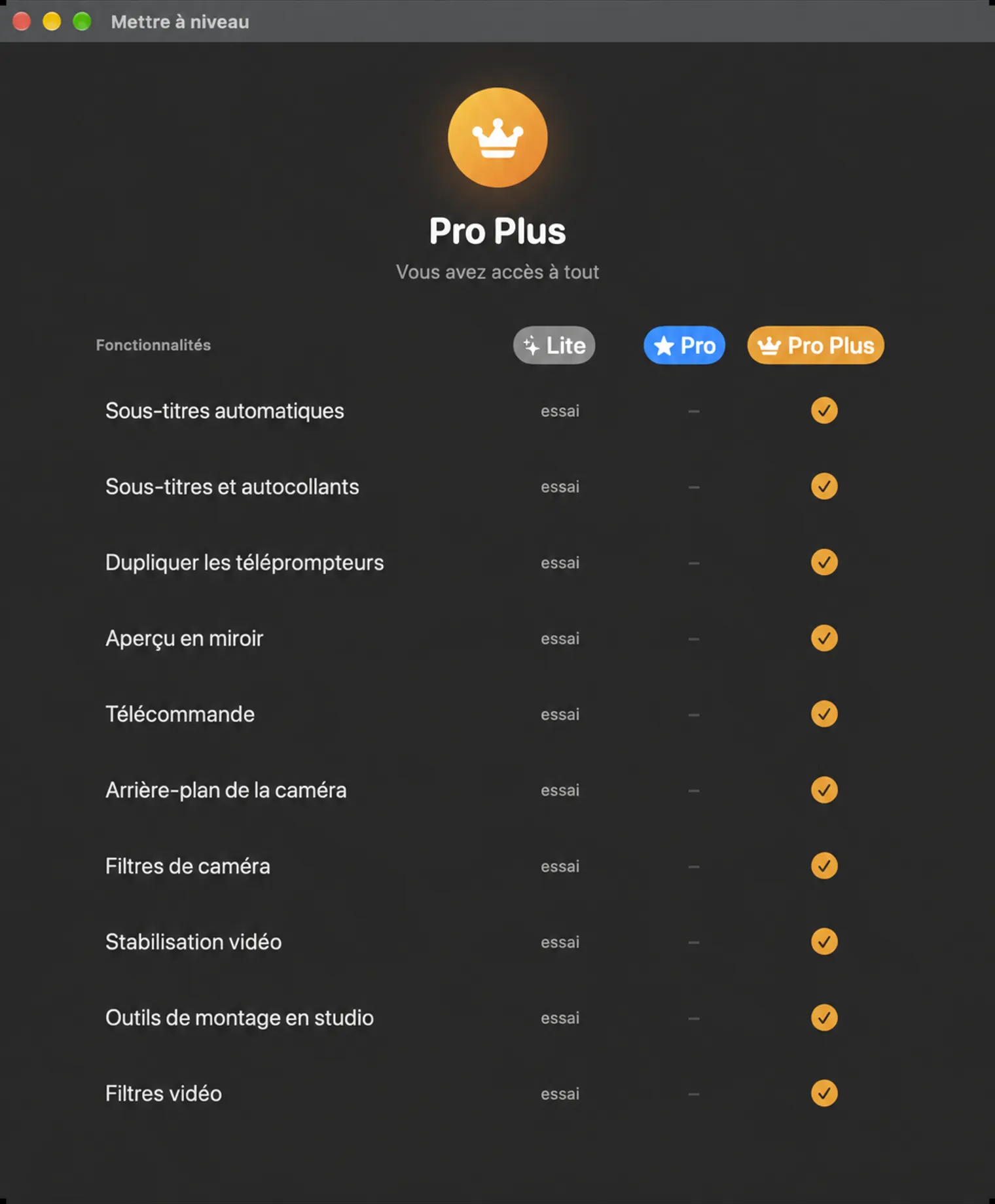Caractéristiques de la liste de comparaison des plans pour Lite, Pro et Pro Plus