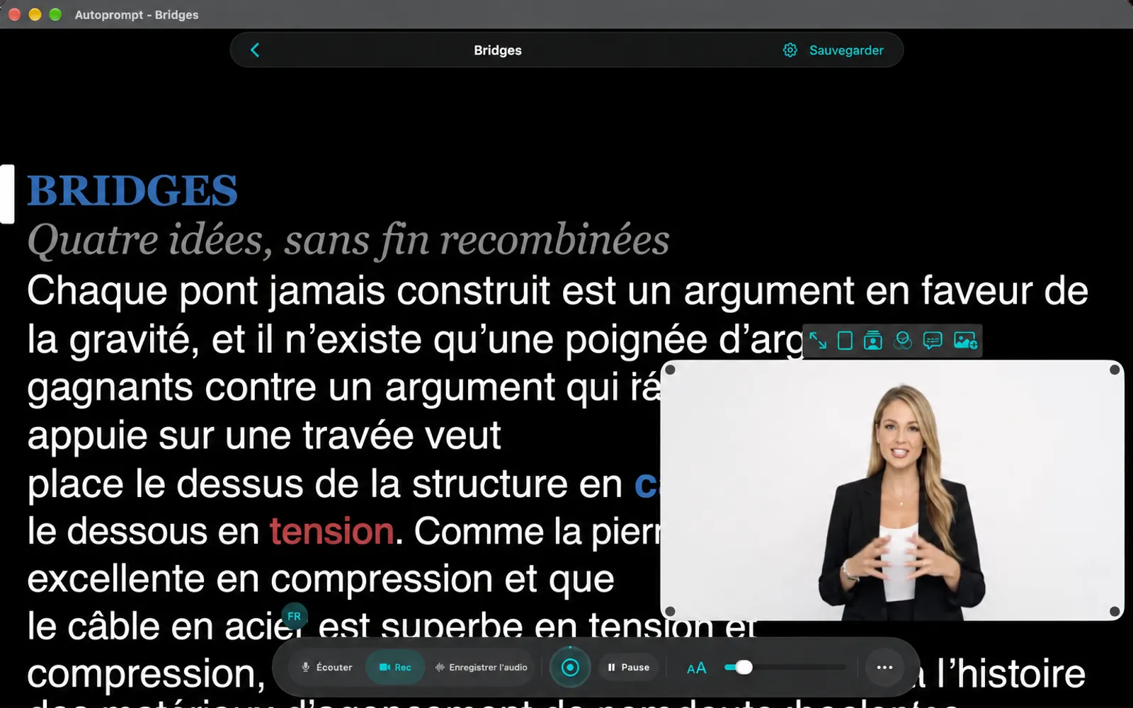 Mode d'enregistrement avec la vue automatique de la caméra et une rangée de six petits boutons au-dessus