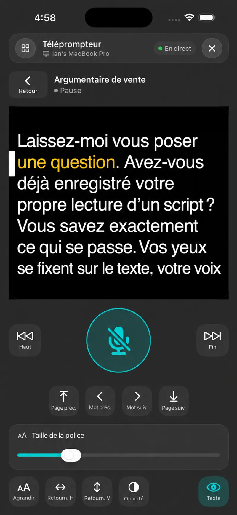 iPhone agissant comme une télécommande, affichant une copie en direct du script, un gros bouton de microphone et les commandes Haut, Fin, Page, Mot, Taille de la police, Mag, Basculer et Opacité