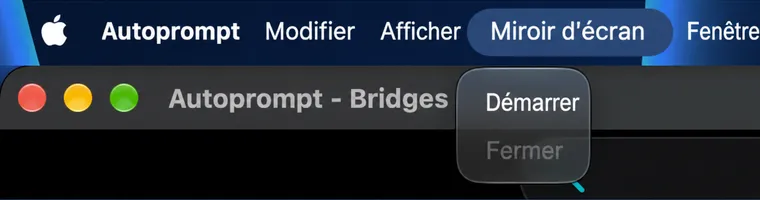 Le menu ScreenMirror dans la barre de menu macOS avec les éléments Démarrer, Fermer, Basculer, Miroir et Plein écran