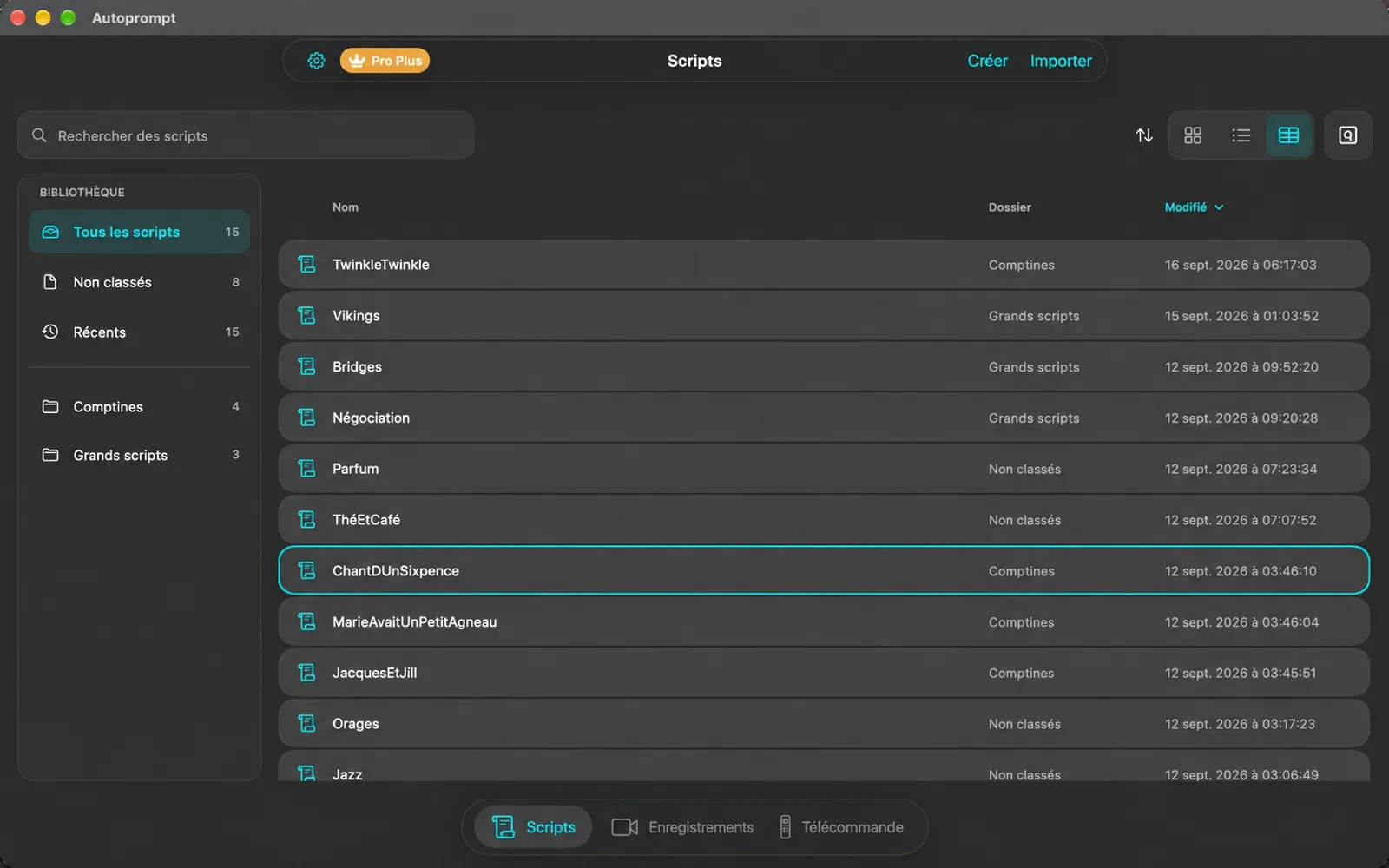 Bibliothèque de scripts dans la vue tableau avec les colonnes Nom, Dossier et Modifié