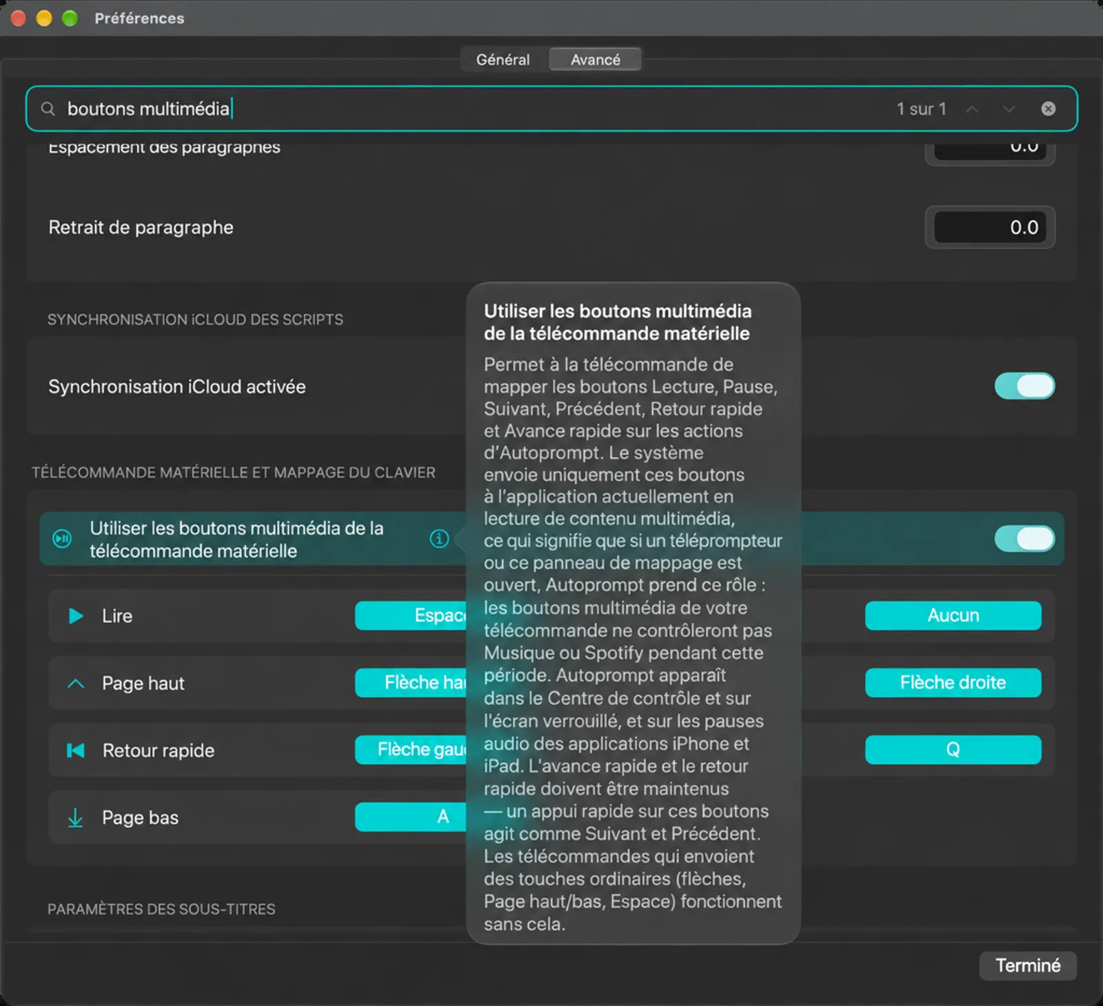 Utiliser les boutons de médias sur le télécommande matériel en basculant avec le texte d’information ouvert