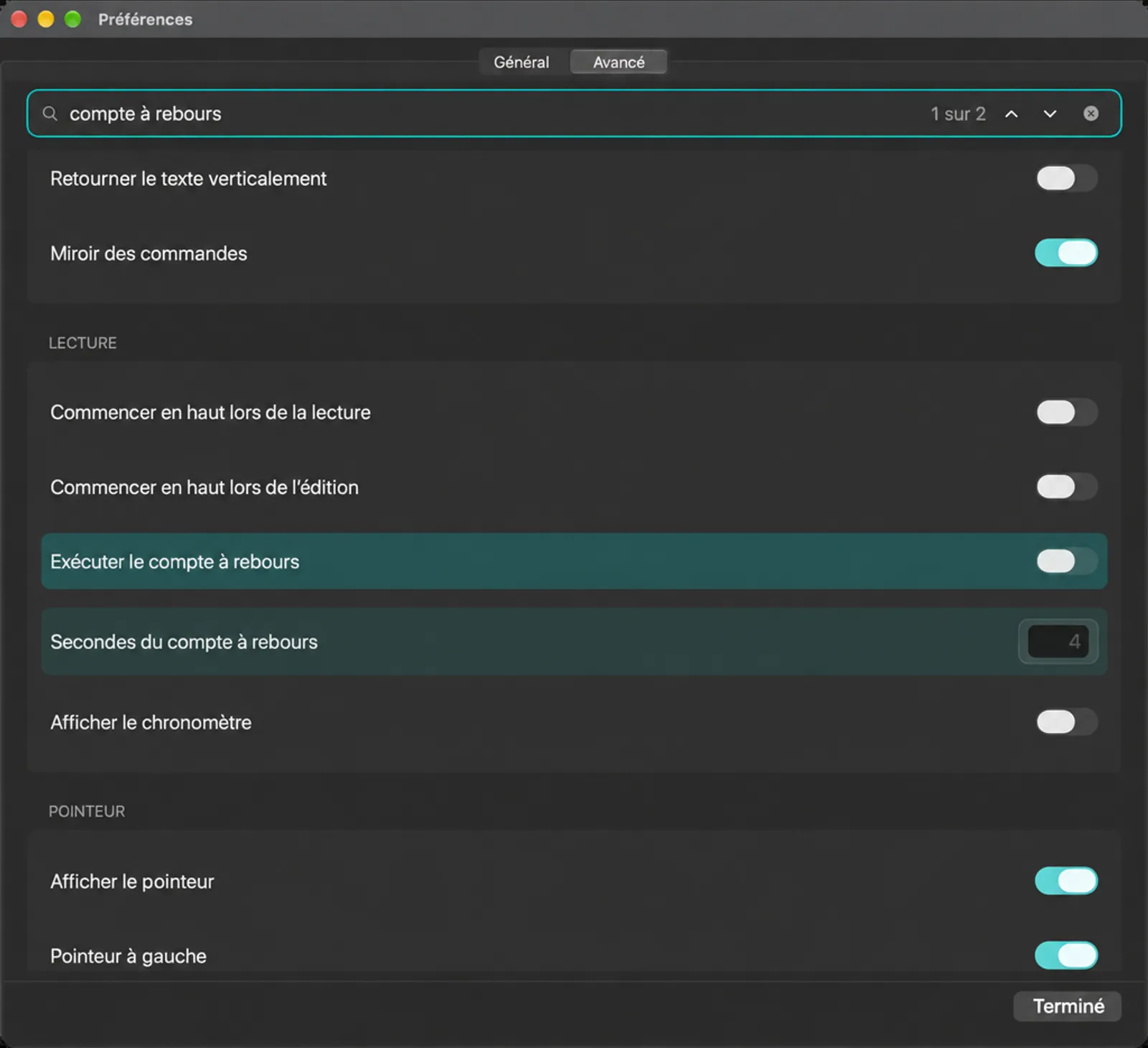 Paramètres avancés recherchés pour la minuterie, avec les cartes Lecture et Pointer visibles