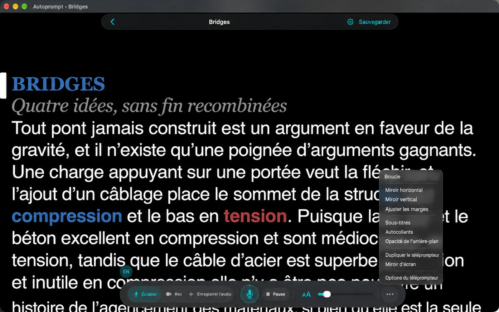 Plus d'options dans la liste du menu: Boucle, Miroir horizontal, Miroir vertical, Ajuster les marges, Sous-titres, Autocollants, Opacité d'arrière-plan, Duplicateur de prompt, Miroir d'écran et options de téléobjectif