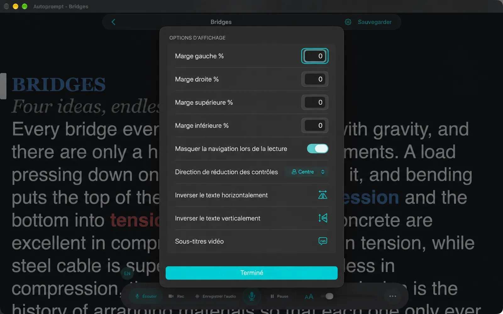 Fichier Options de visualisation avec des pourcentages de marge, Masquer la navigation pendant la lecture, Direction des commandes de réduction, Faire pivoter le texte et les sous-titres vidéo
