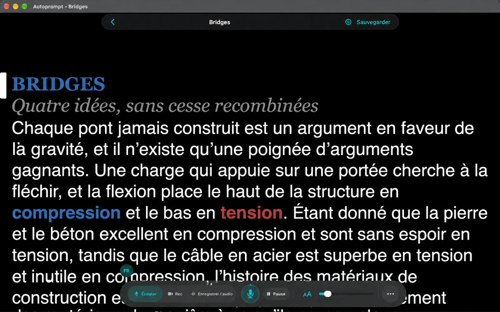 Le téléobjectif montrant le script des Bridges avec la barre de navigation en haut et la barre d'outils en bas