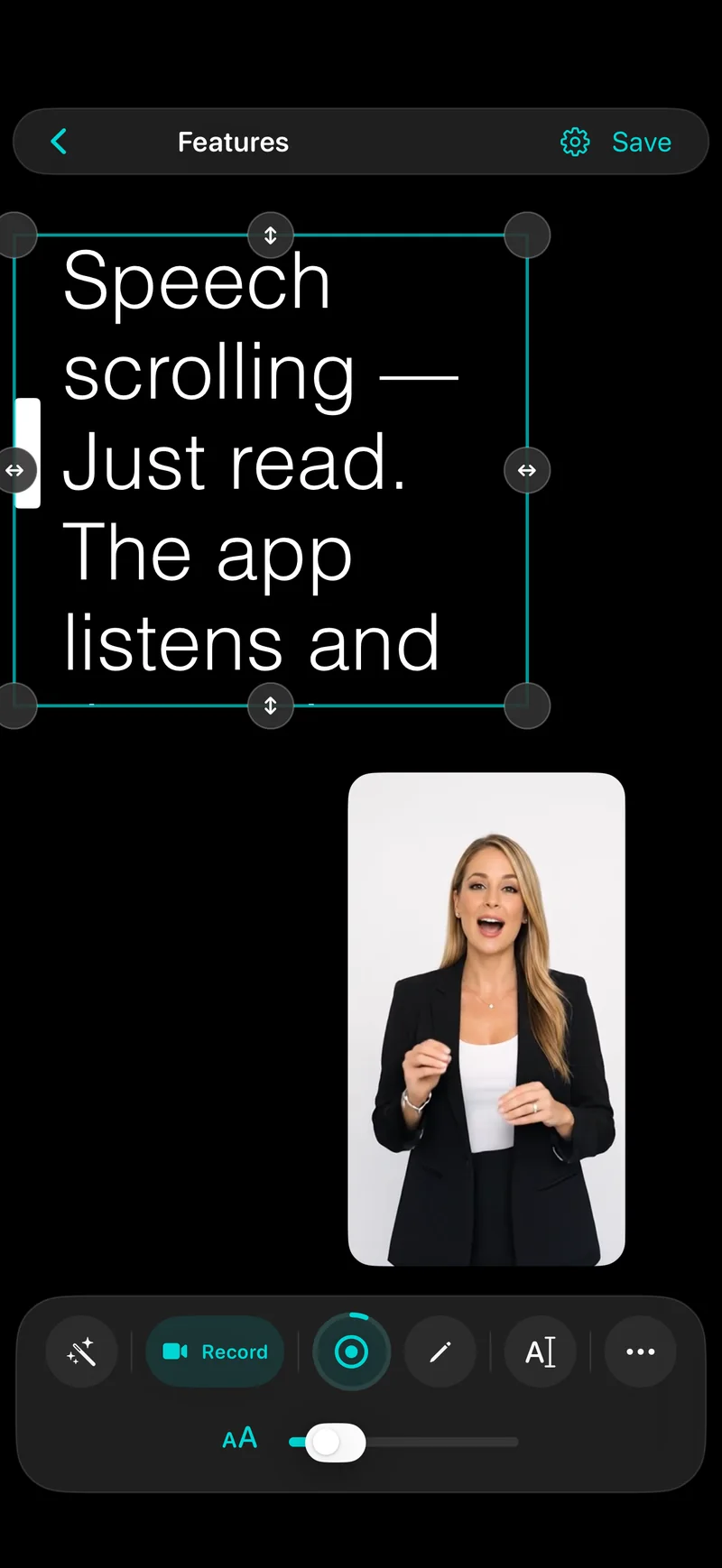 Autoprompt on iPhone with the camera self-view below the script and a two-row toolbar
