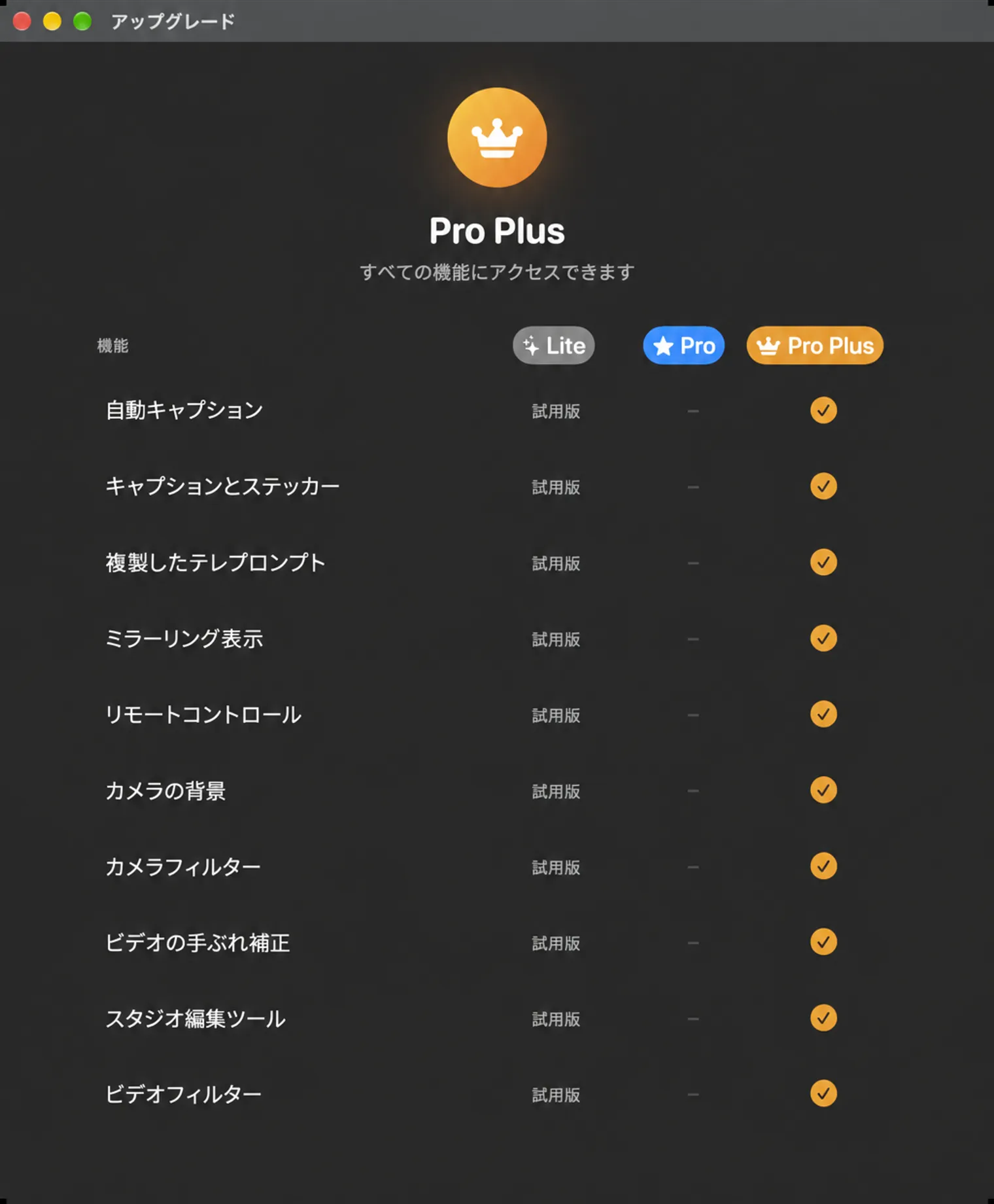 Lite、Pro、Pro Plusのプラン比較リスト機能