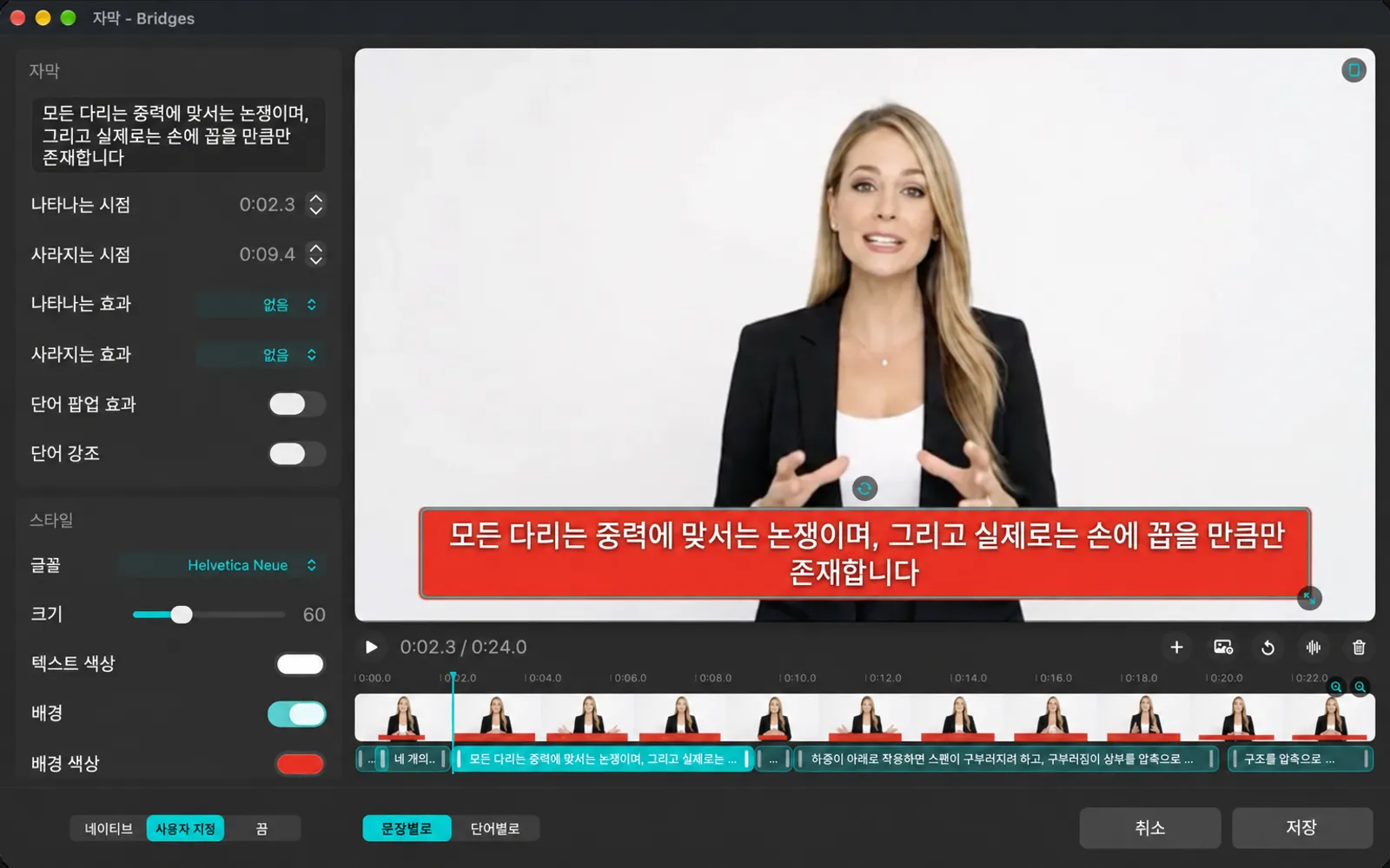 왼쪽에 자막 텍스트와 타이밍이 있는 자막 편집기, 선택된 자막이 있는 비디오 미리보기, 그리고 아래에 자막 블록 타임라인