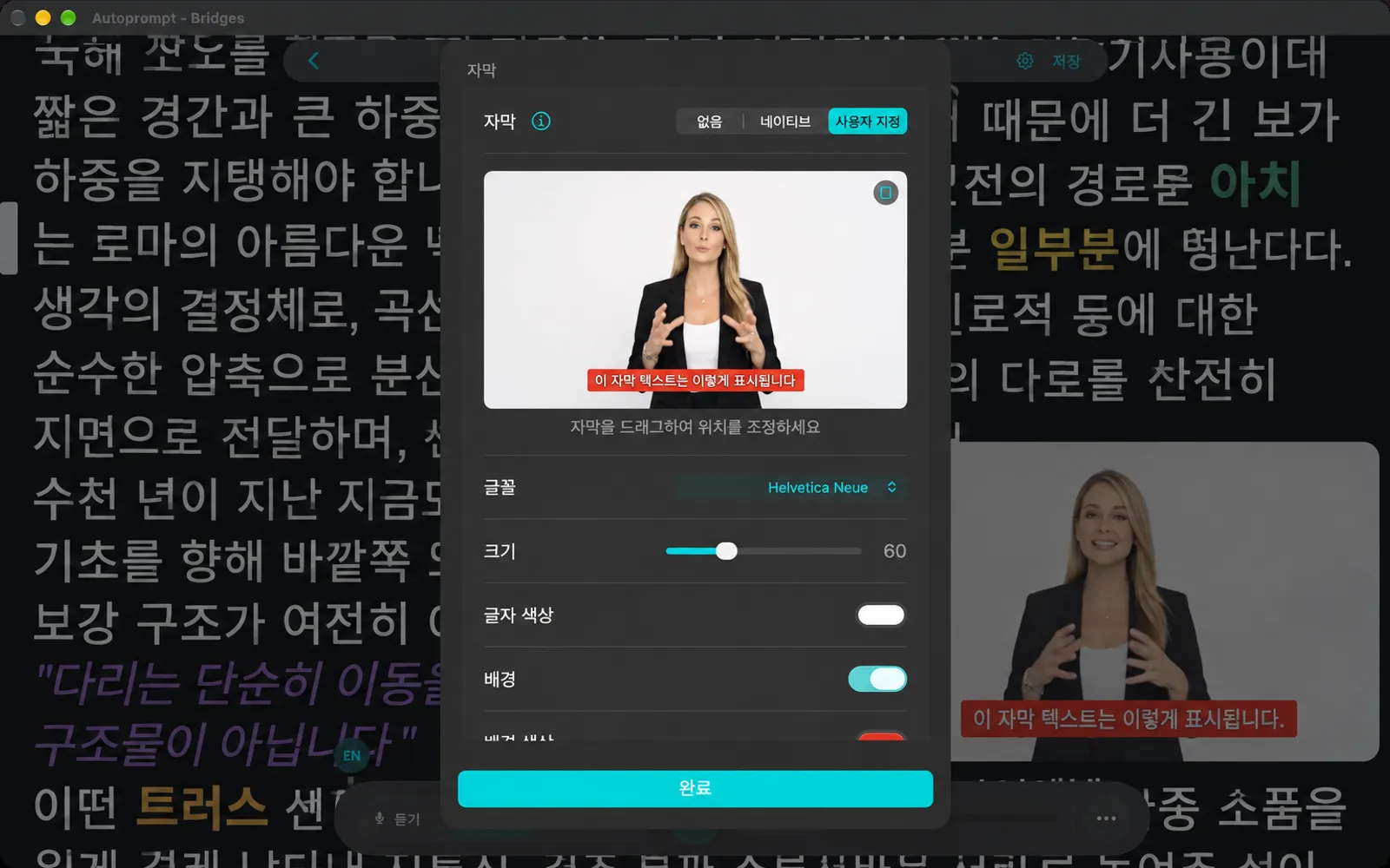 없음, 기본 및 사용자 지정, 미리보기 및 글꼴, 크기, 색상 및 배경 옵션이 포함된 자막 시트