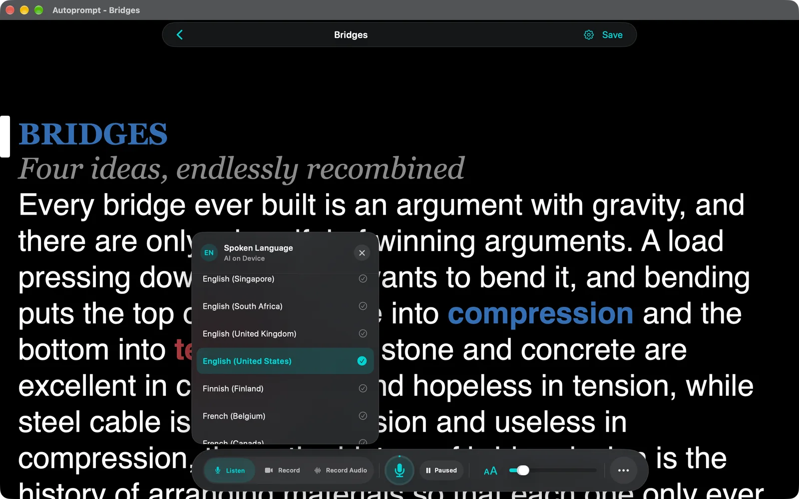 Spoken Language card listing languages with English (United States) selected and marked AI on Device