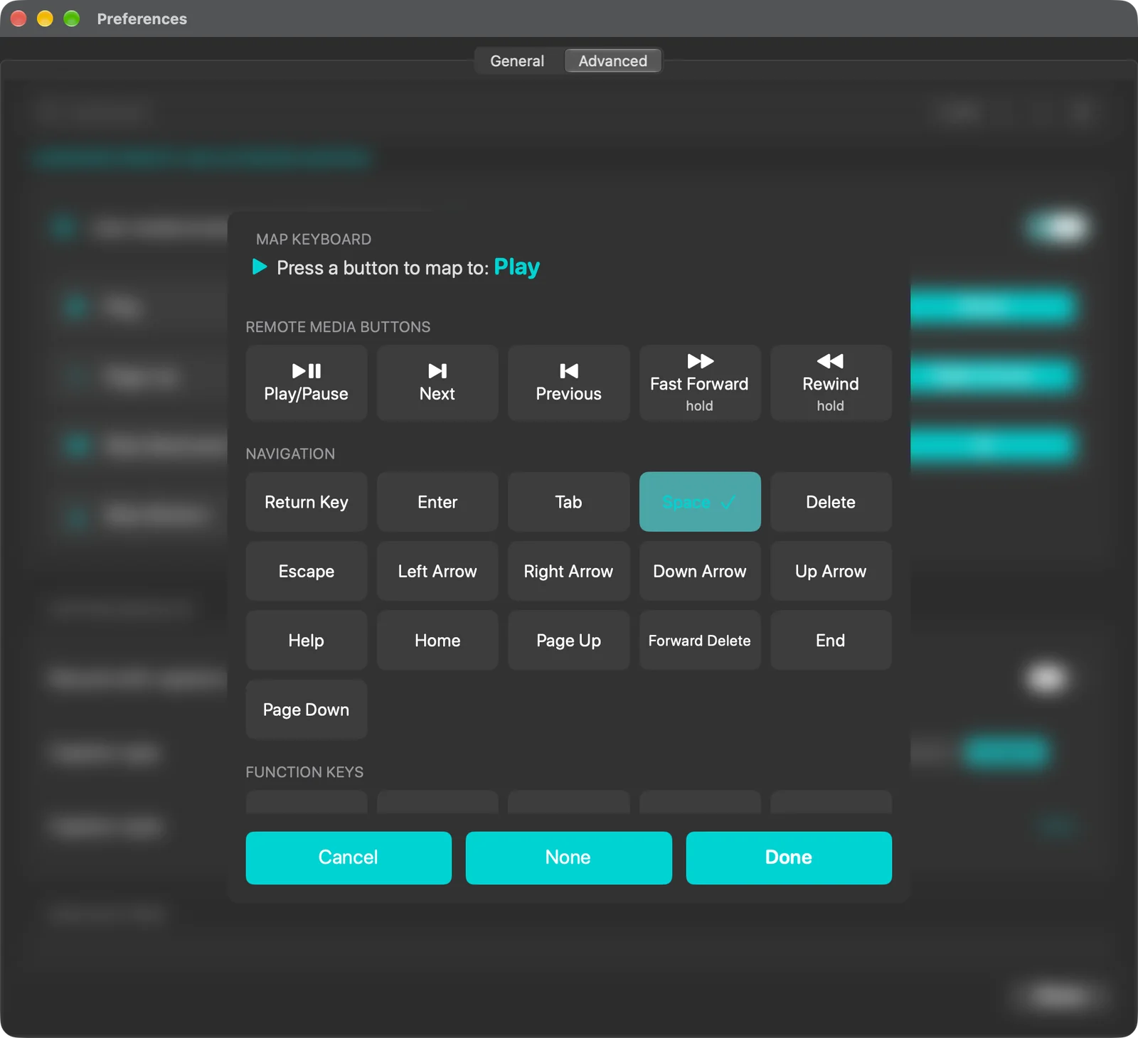 Map Keyboard panel asking to press a button to map to Play, showing remote media buttons and navigation keys
