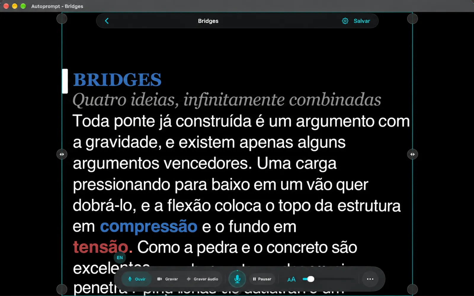 Teleprometor com guias de margem puxados da esquerda e da direita para que a coluna de texto seja mais estreita