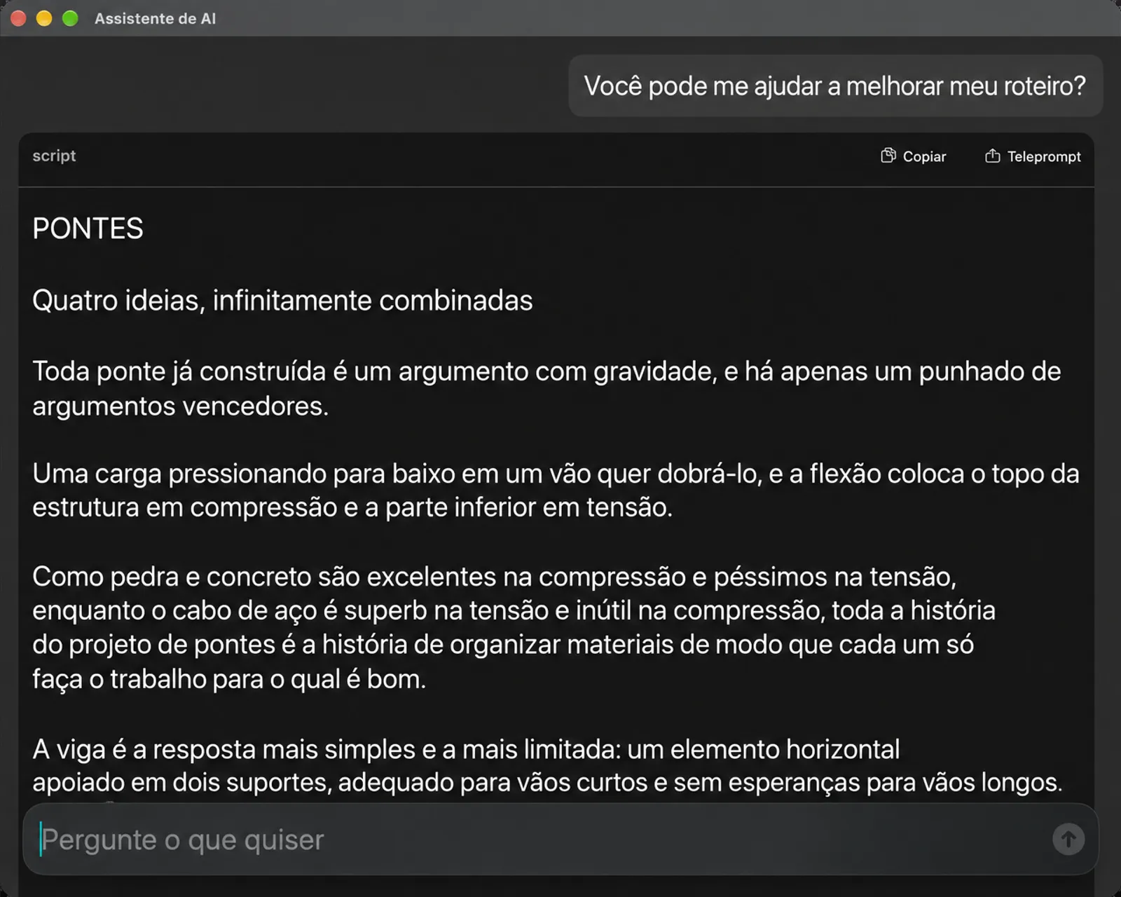 Janela do Assistente de IA mostrando uma versão aprimorada do script com botões Copiar e Teleprompt e um campo Perguntar qualquer coisa