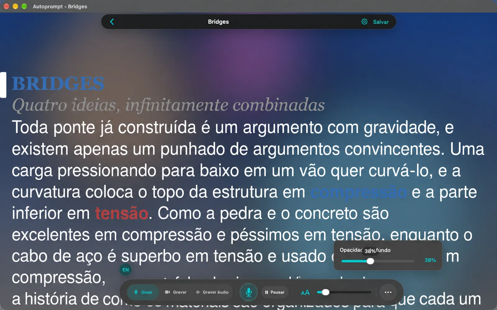 Janela de teleprometor com fundo preto parcialmente transparente para que o desktop mostre através atrás do texto