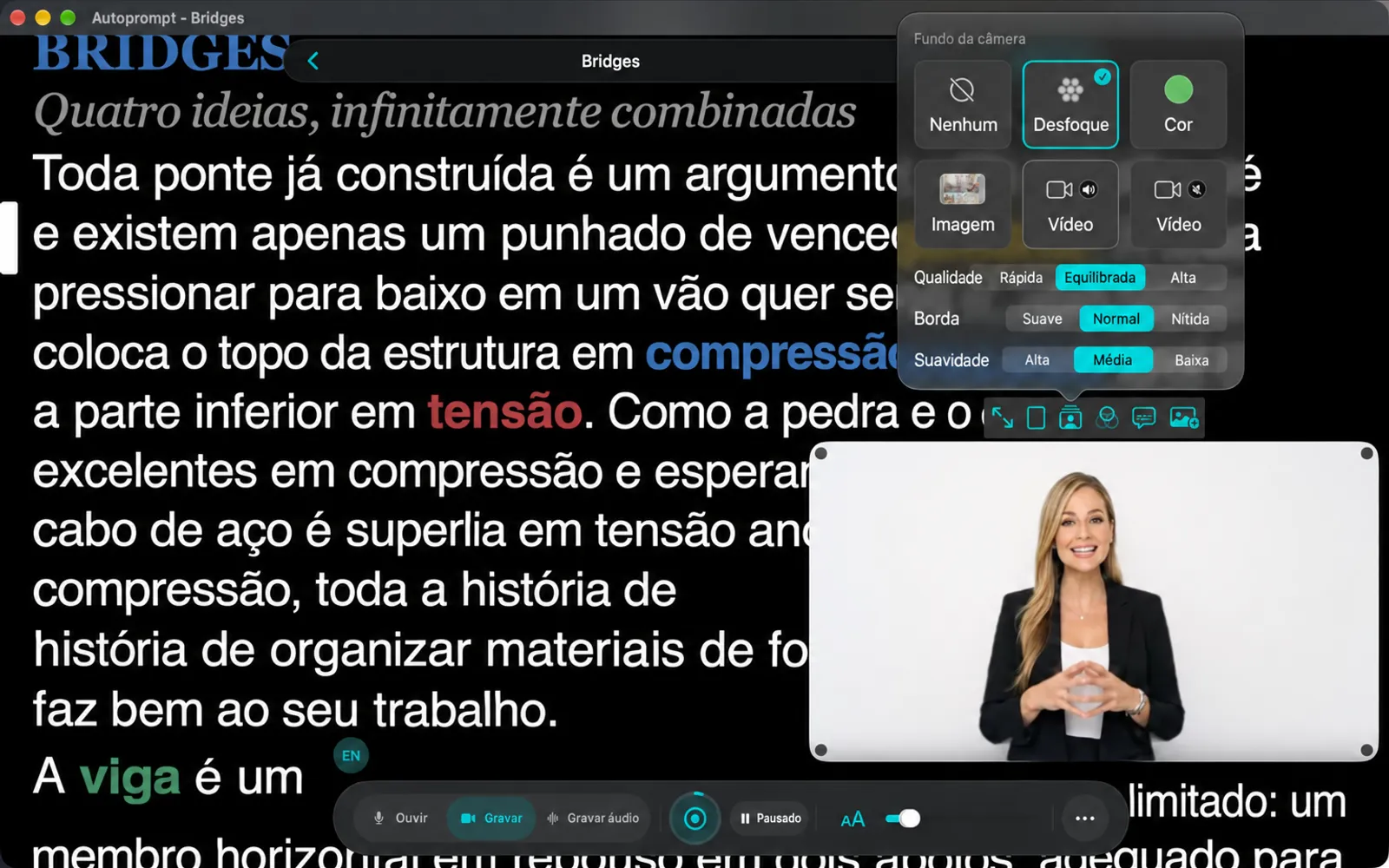 Selecionador de fundo da câmera com Nenhuma, Desfoque, Cor, Imagem e dois quadrados de Vídeo, além de opções de Qualidade, Borda e Suavidade