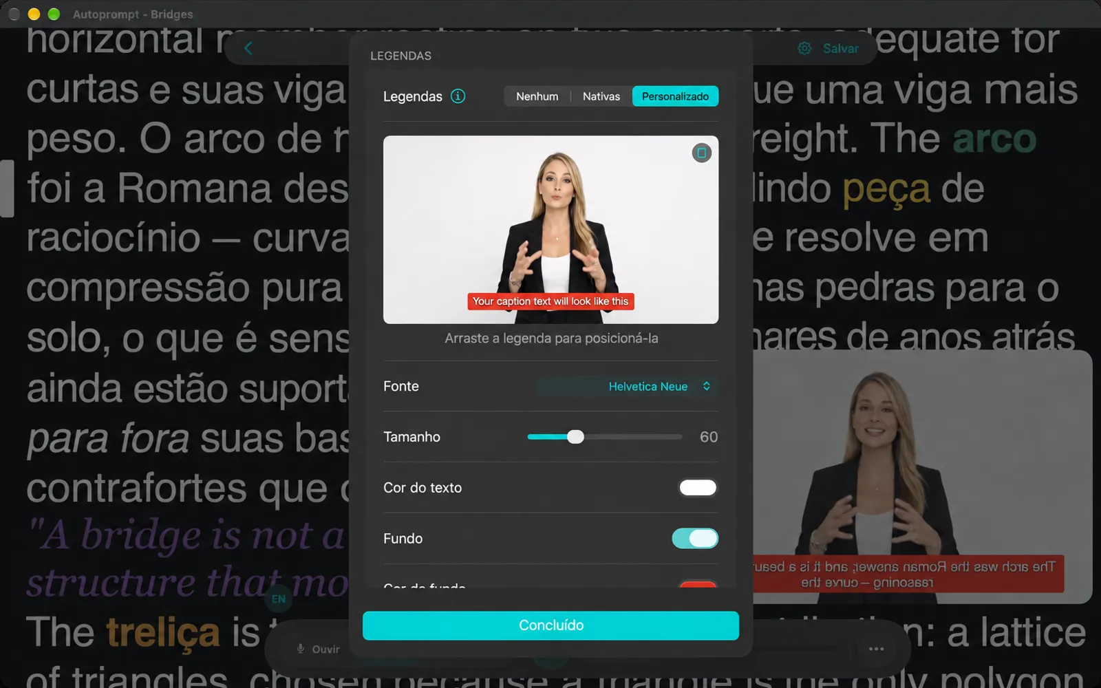 Folha de legendas com Nenhuma, Nativa e Personalizada, uma prévia e opções de fonte, tamanho, cor e fundo