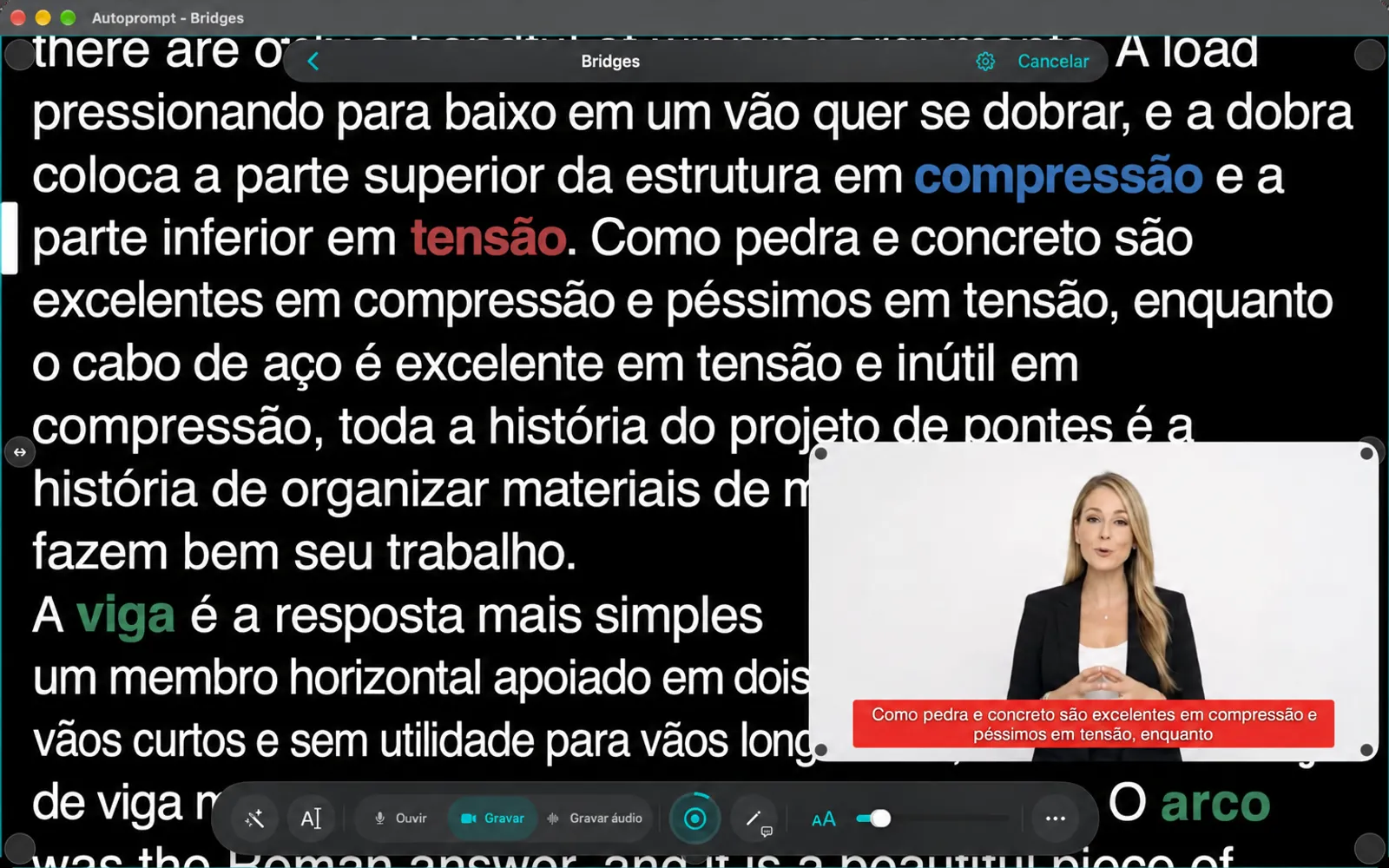 Um script no modo de edição com alavancas de margem ao redor do texto, e os botões de assistente de IA e fonte adicionados à barra de ferramentas inferior.