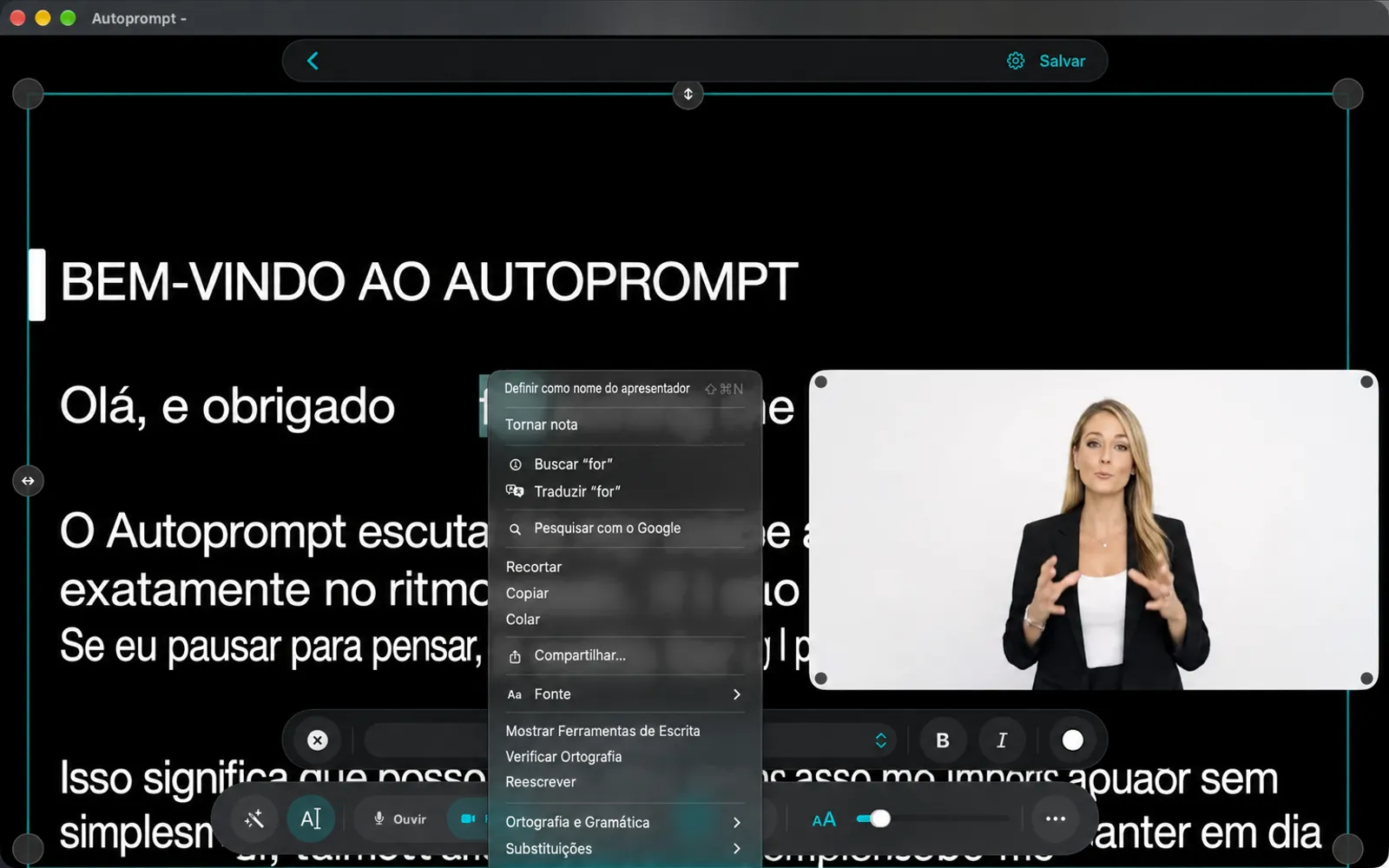 Menu com clique direito no editor com Adicionar Nome do Orador, Adicionar Nota, Cortar, Copiar e Colar