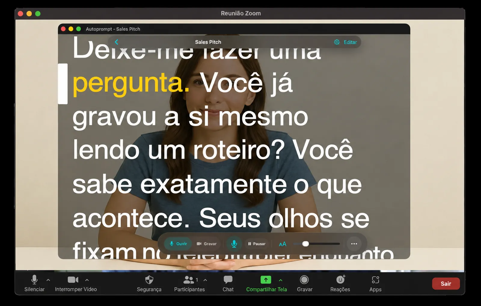 Autoprompt flutuando transparentemente sobre uma janela de reunião de vídeo