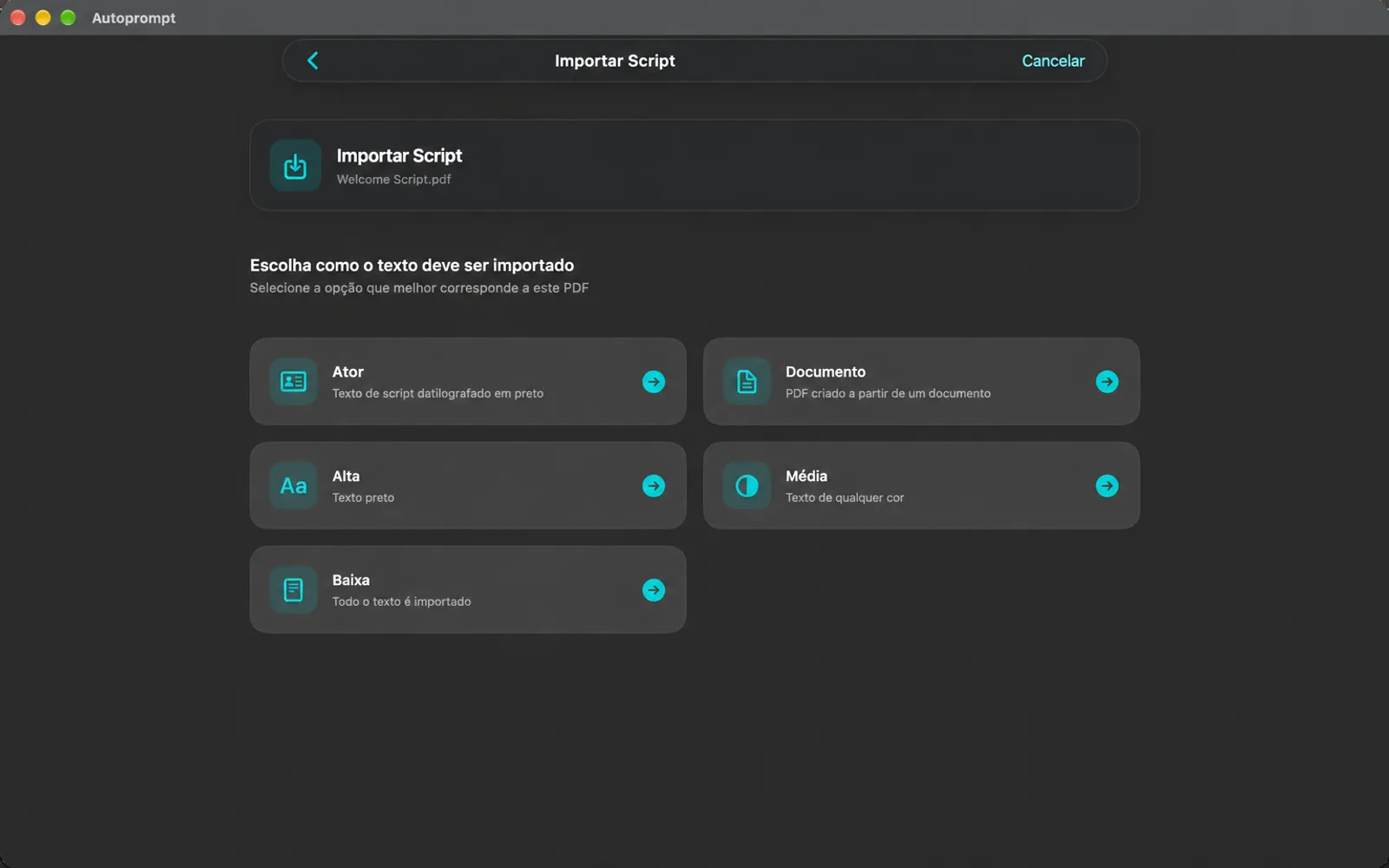 Tela de Script de Importação com cinco opções para ler um PDF: Ator, Documento, Alto, Médio e Baixo