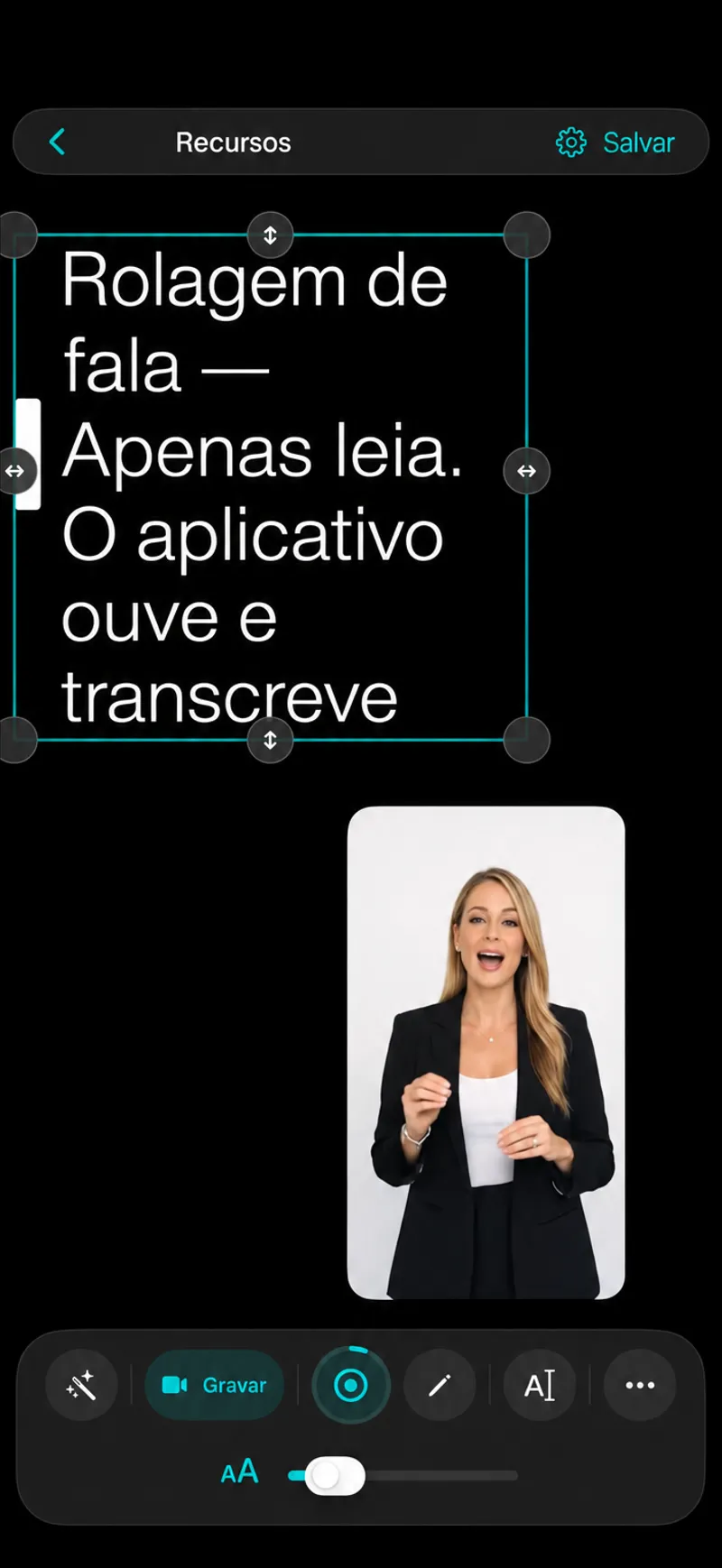 Autoprompt no iPhone com a câmera em modo autoexibição abaixo do script e uma barra de ferramentas de duas linhas