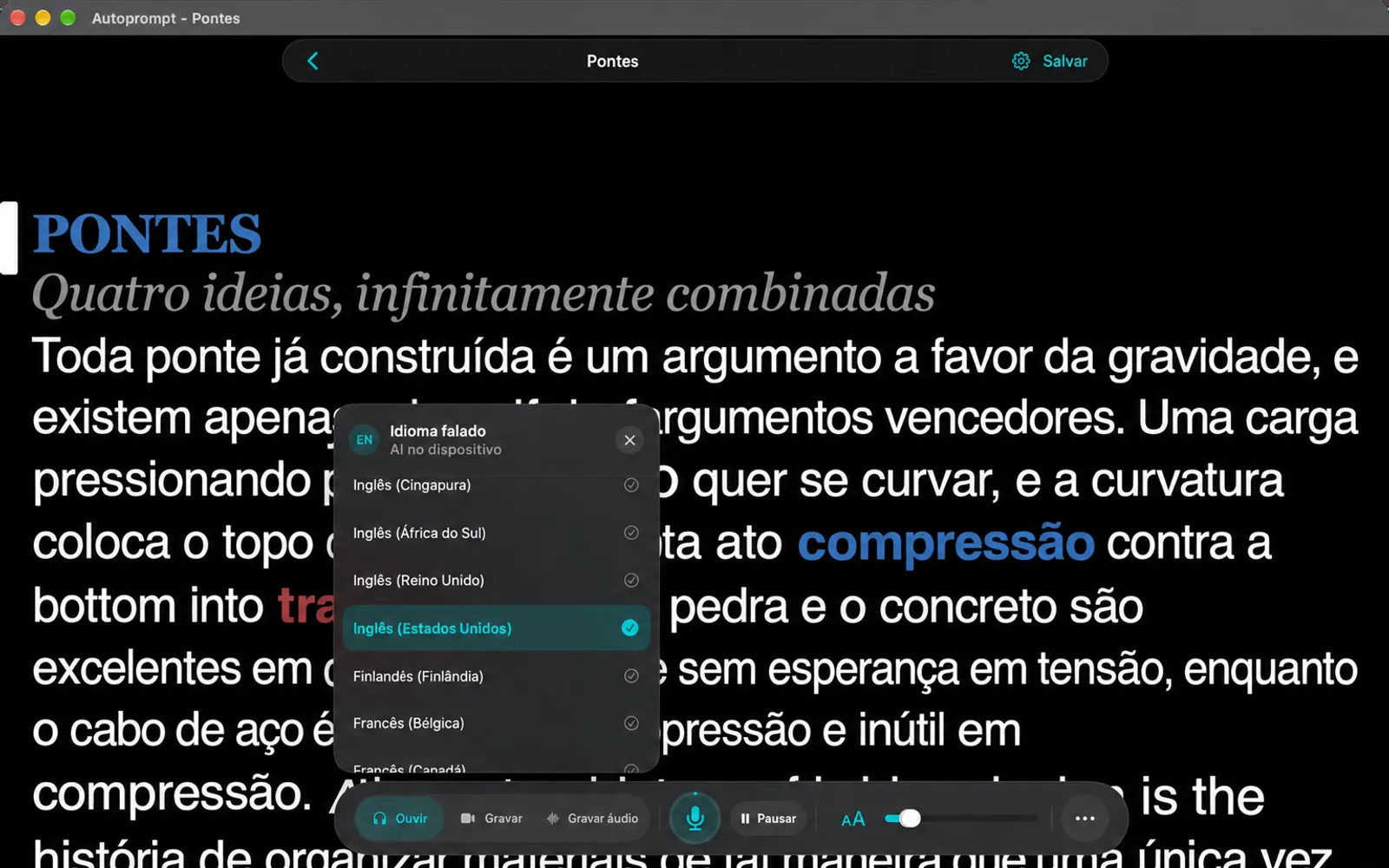 Lista de idiomas do cartão de Idioma Falado com inglês (Estados Unidos) selecionado e marcado como IA no dispositivo