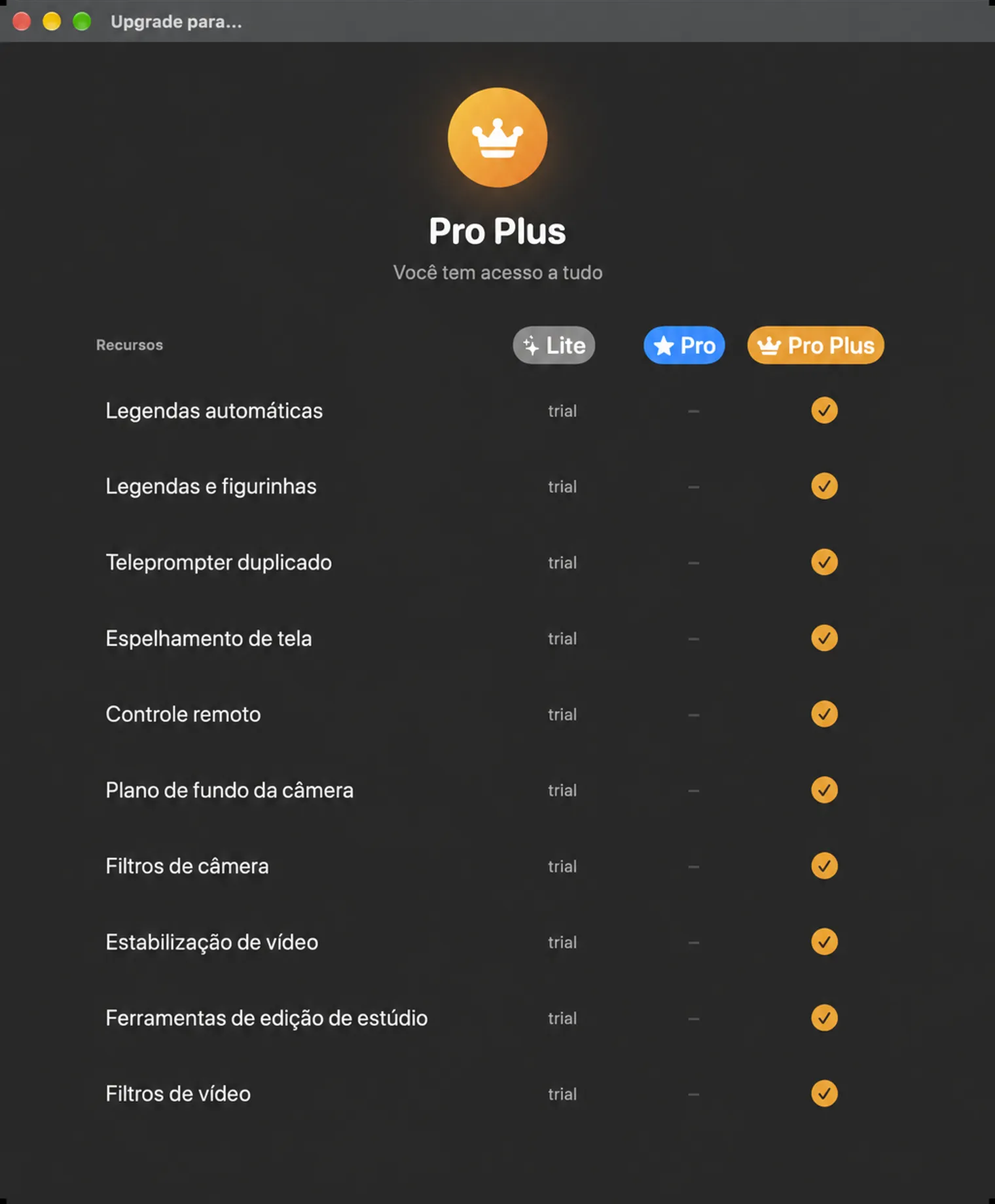 Recursos de lista de comparação de planos para Lite, Pro e Pro Plus