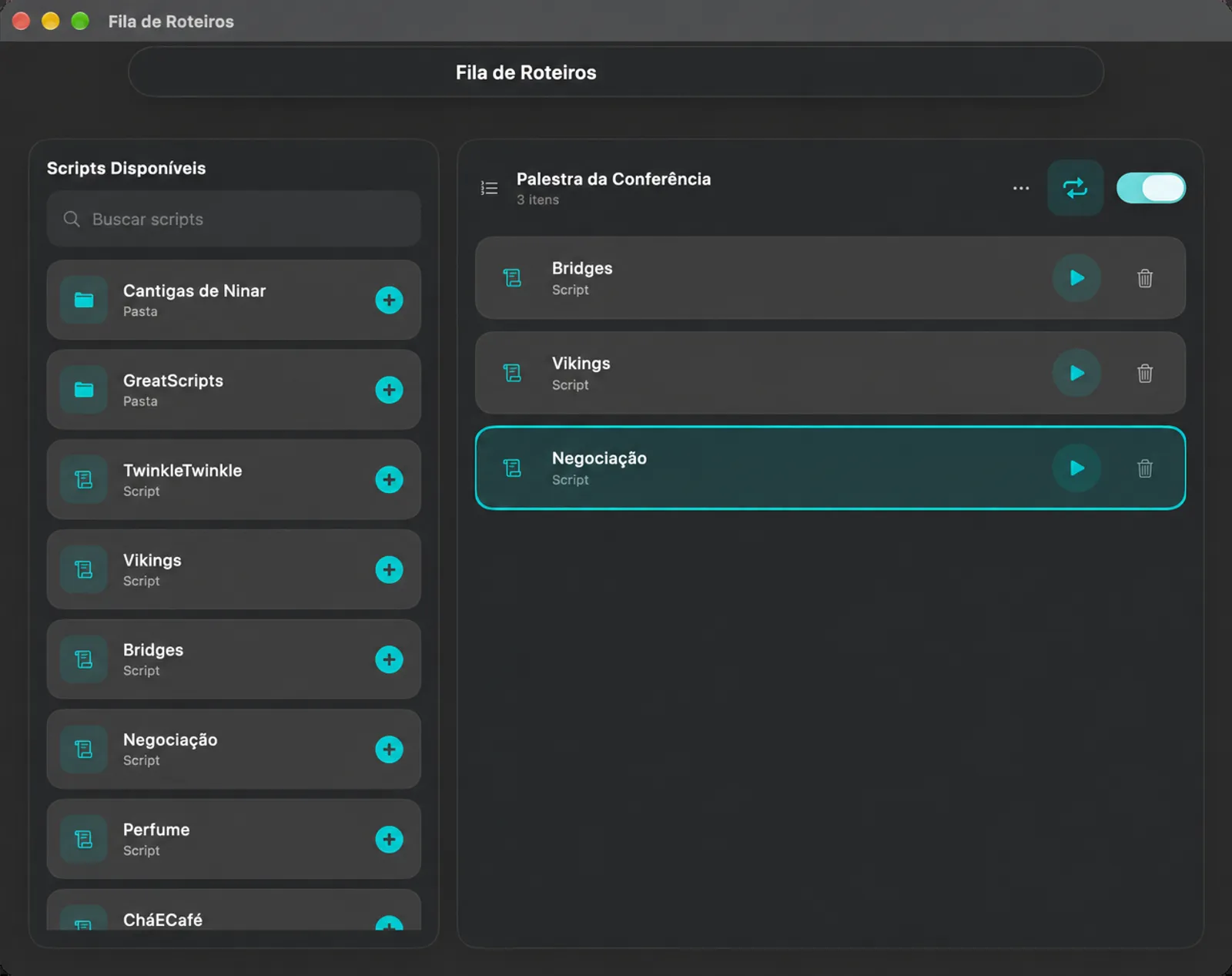 Janela de fila de scripts com scripts e pastas disponíveis à esquerda e uma fila de três scripts à direita com interruptores de ligar/desligar e um loop