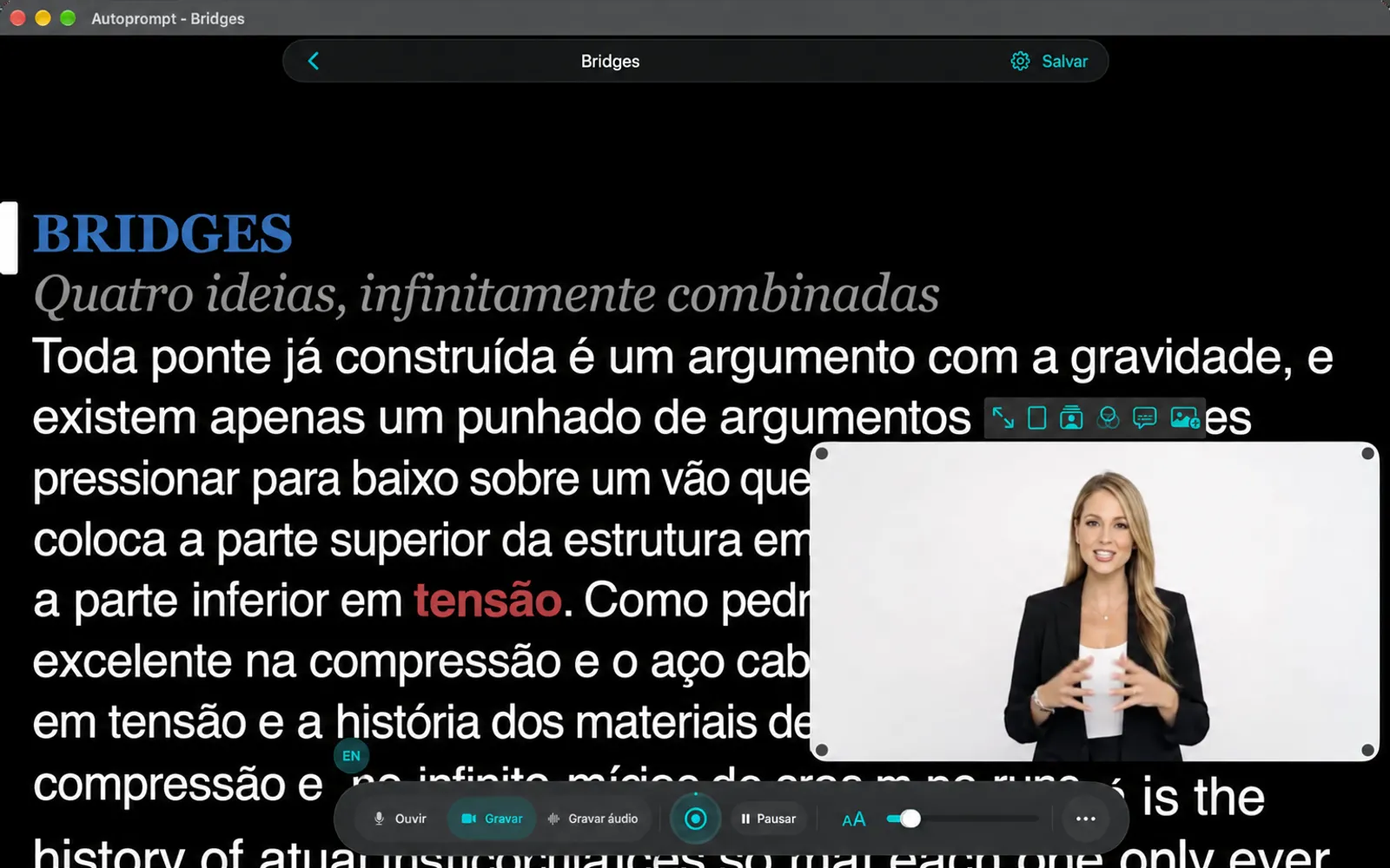 Modo de gravação com a câmera com visualização própria e uma fileira de seis botões pequenos acima dela