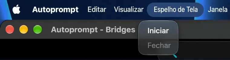 O menu ScreenMirror na barra de menus do macOS com itens Iniciar, Fechar, Virar, Espelhar e Tela Cheia