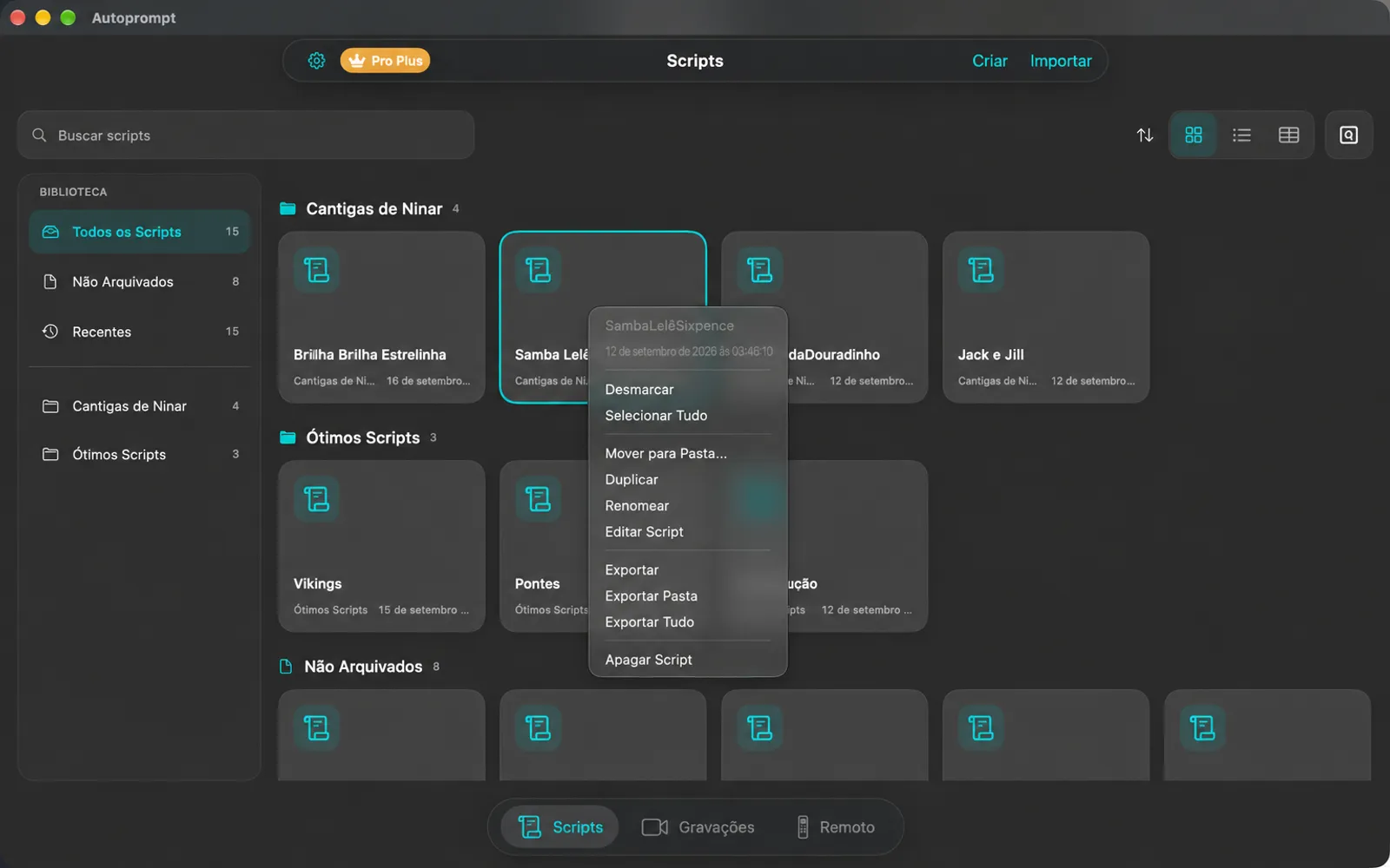 Menu com clique direito em um bloco de script na lista Selecionar, Selecionar Tudo, Mover para Pasta, Duplicar, Renomear, Editar Script, Exportar, Exportar Pasta, Exportar Tudo e Excluir Script